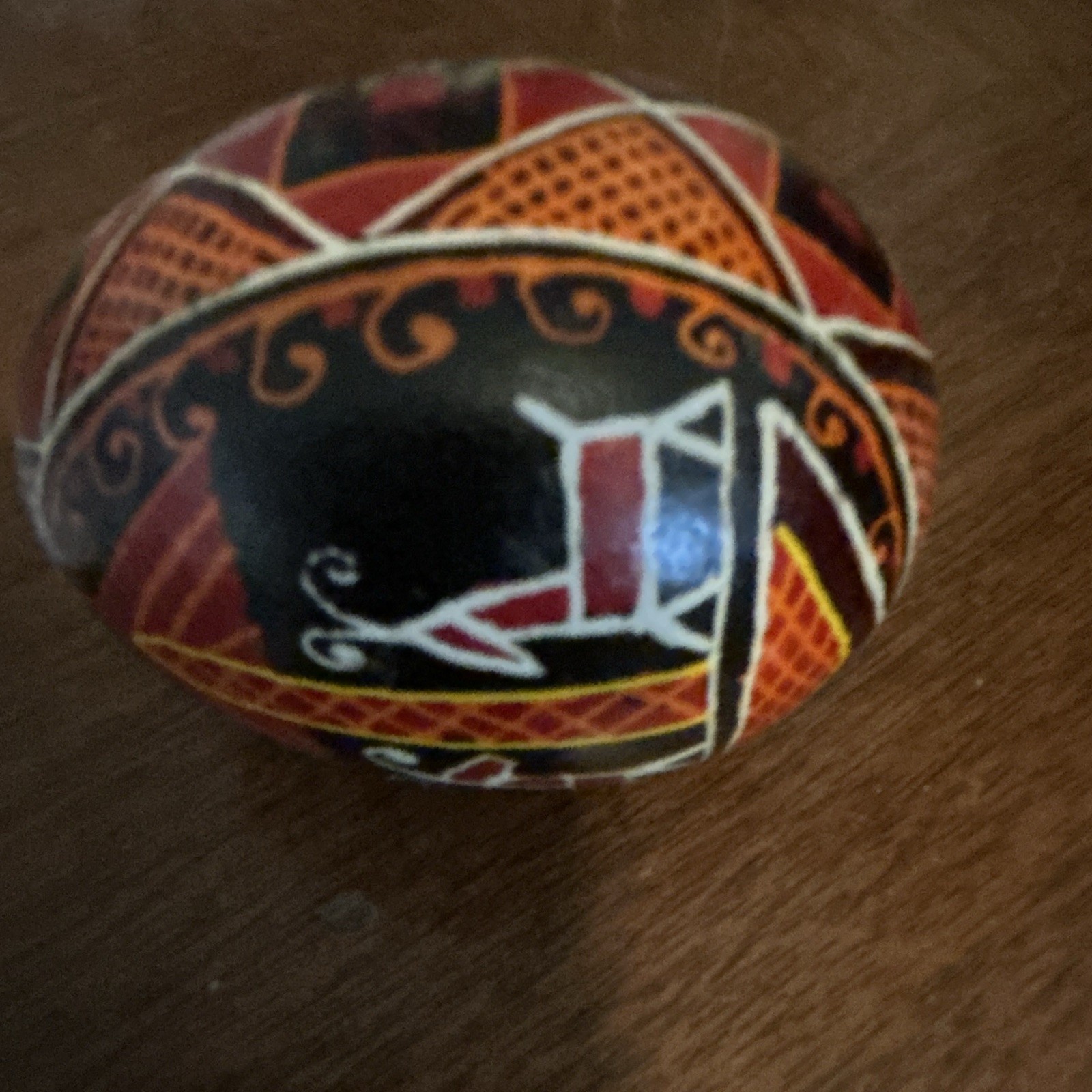 Hand-Painted Ceramic Collector Egg Geometric Pattern Black Red Orange White