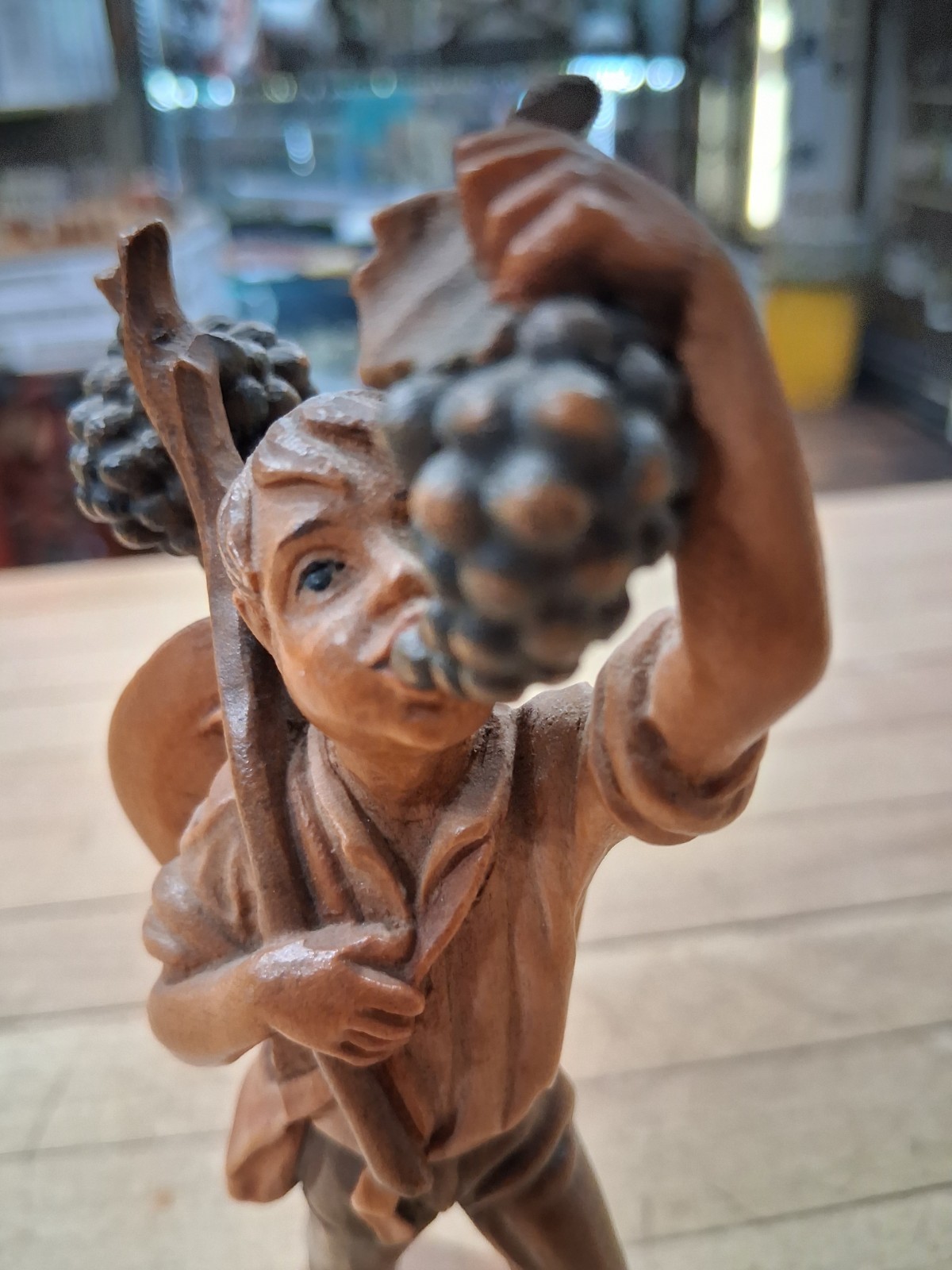 Huggler Wood Carving Boy With Grapes Figurine Switzerland