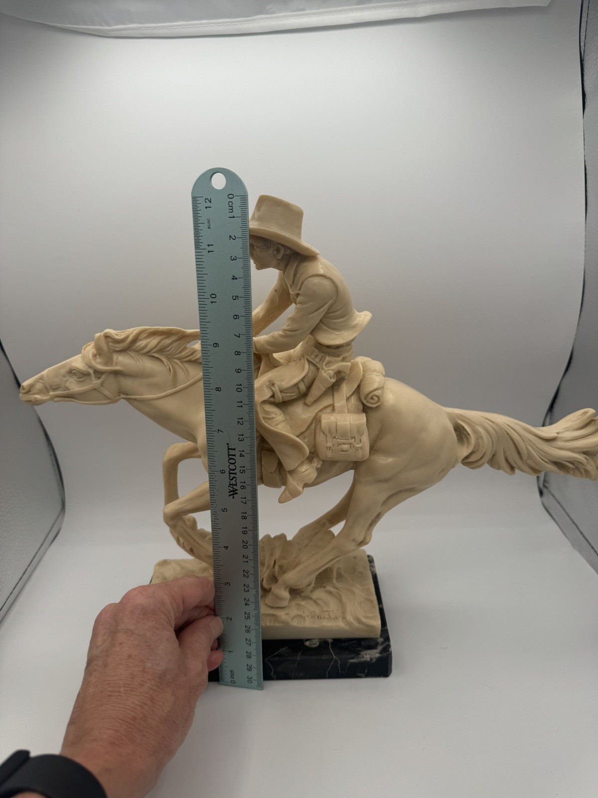 Vintage A. Santini Cowboy On Horse Statuette Italy 12” Alabaster/Black Marble