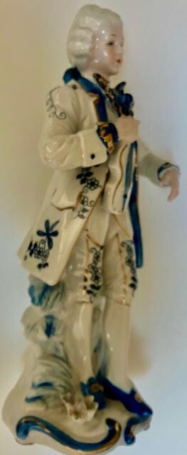 Antique Porcelain Blue, White & Gold Gild Victorian Figurines.