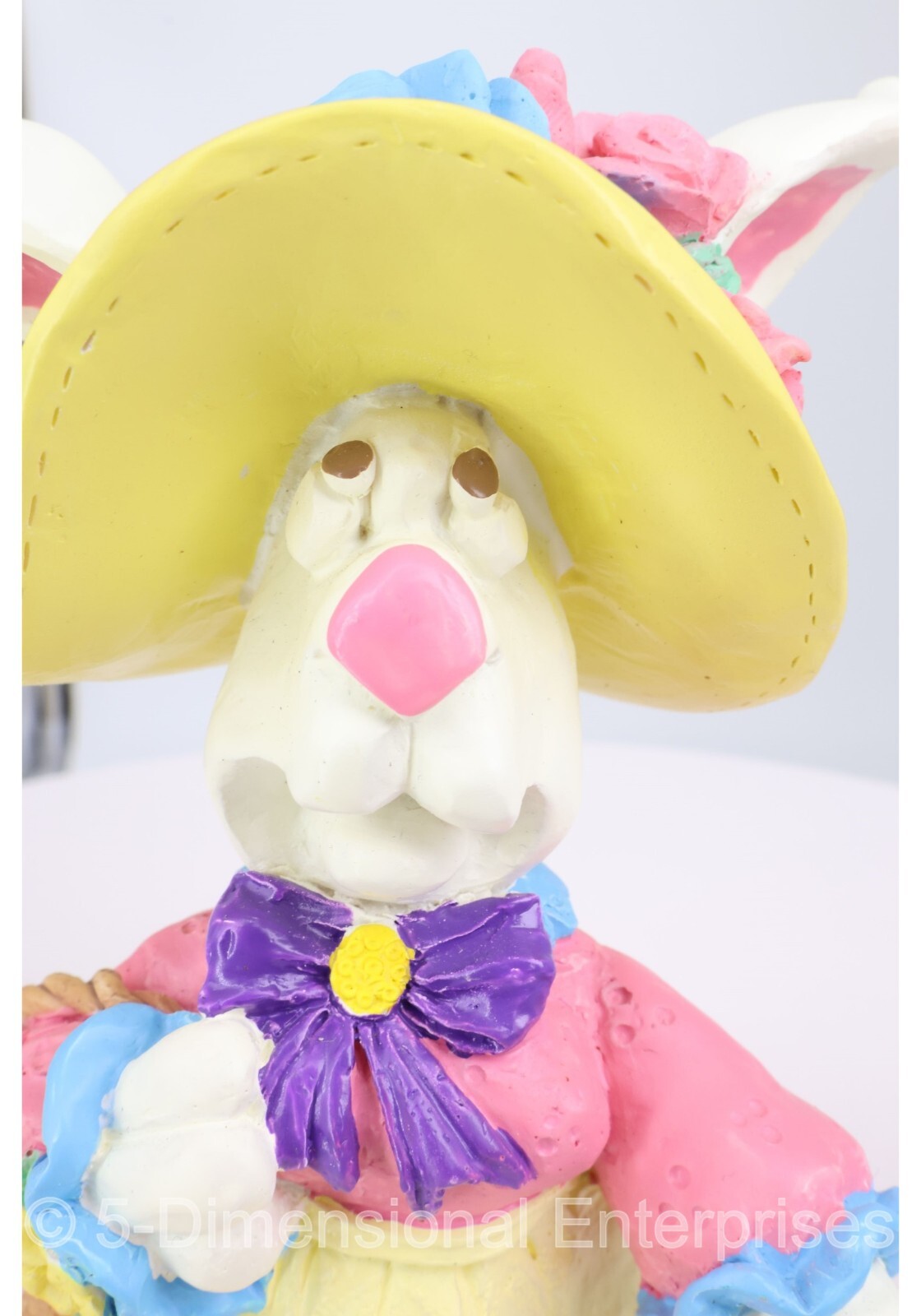 Vintage EASTER BUNNY Resin Figurine Wearing a FLOWERY HAT with FLOWER BASKET