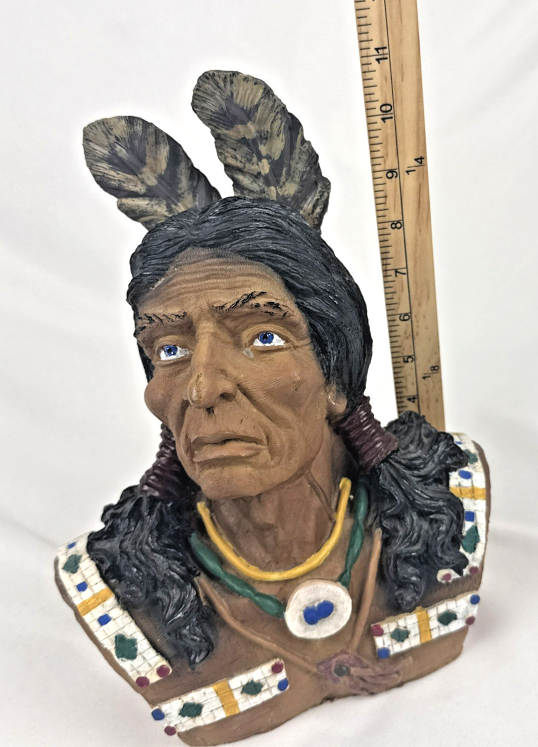 Native American Chief Bust Statue Brown Blue Eyes Two Feathers 11″ FREE SHIP