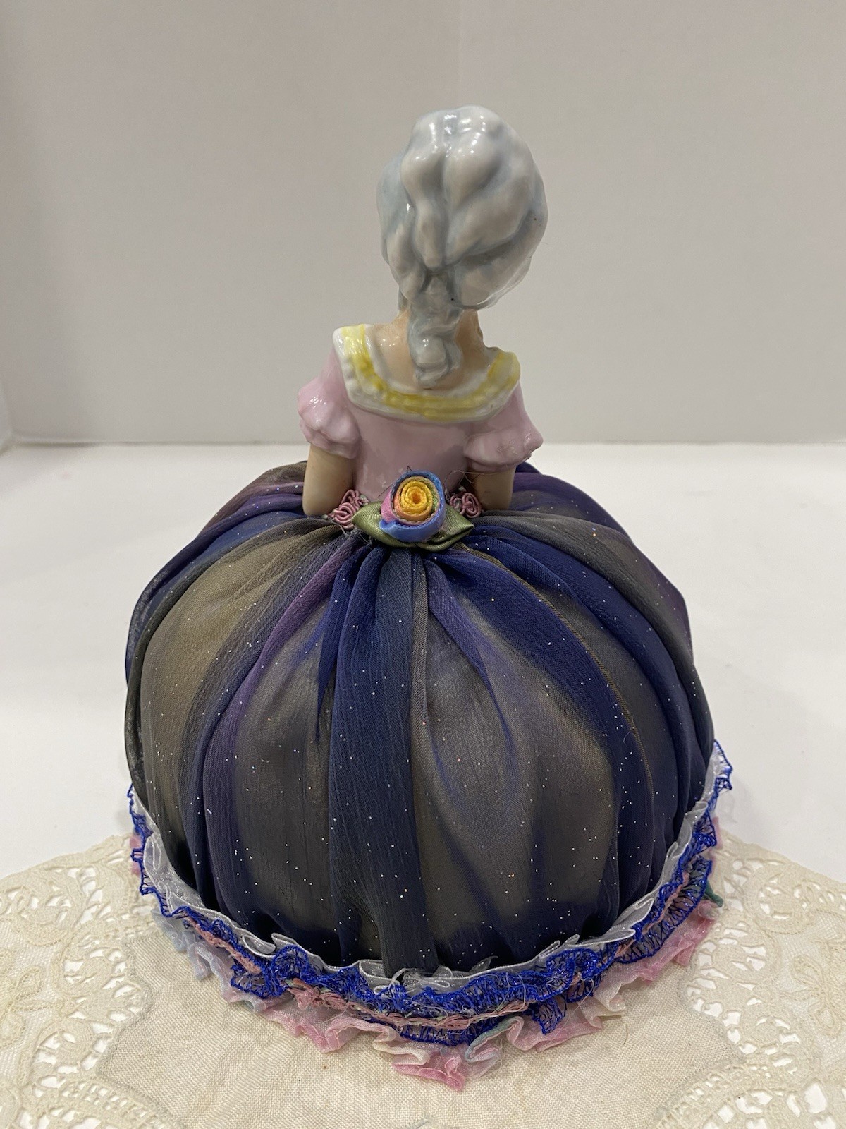 Vintage Germany Porcelain Vanity Half Doll Pin Cushion Dress Victorian Purple