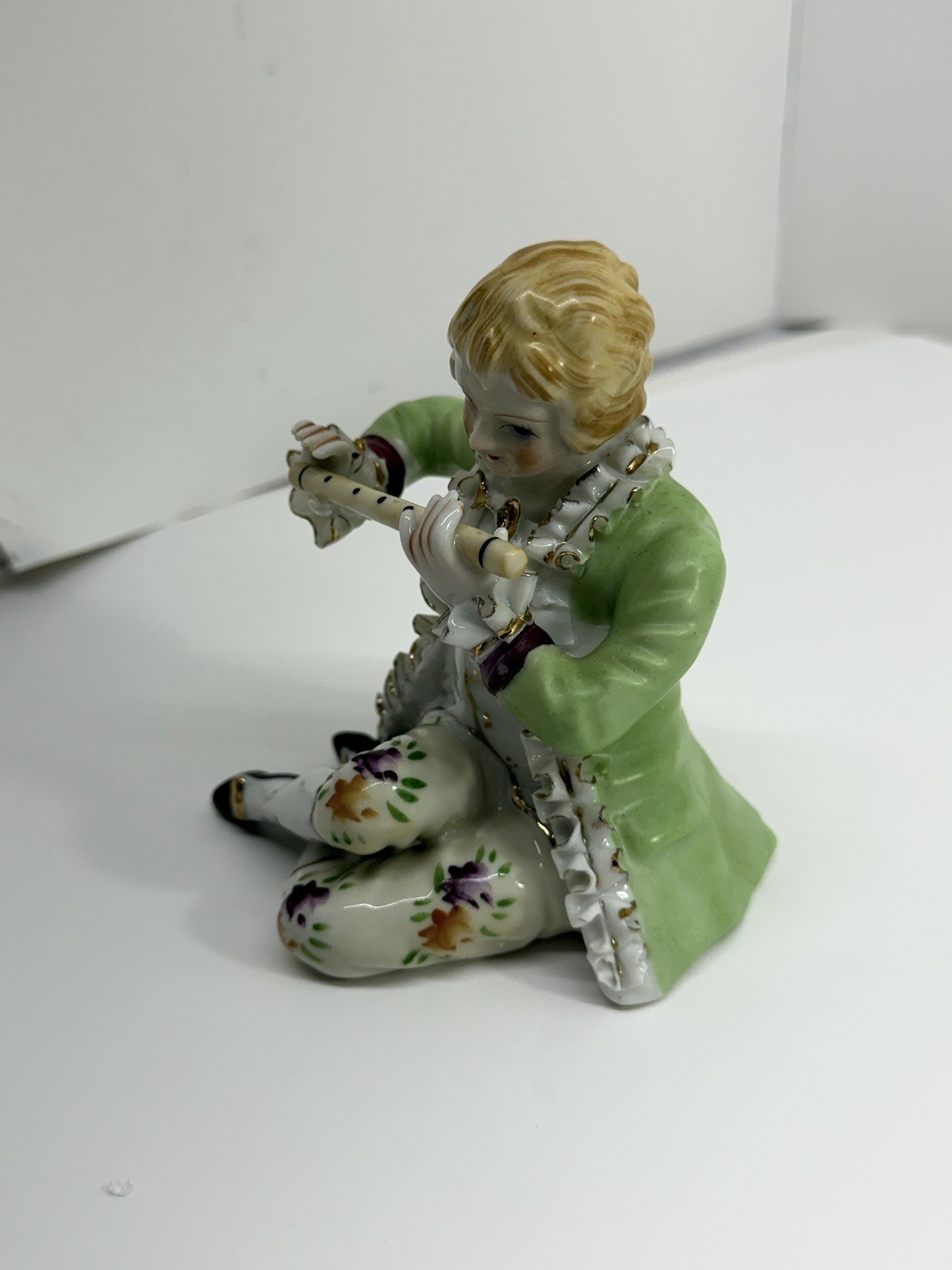 Vintage Made in Japan Porcelain Boy Playing Flute Figurine Green Coat 5” Gold T