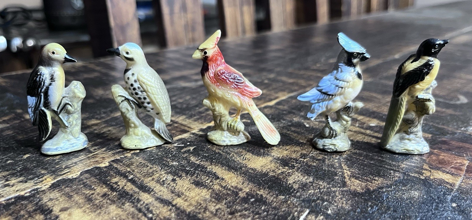Vintage Set of 5 Celluloid Birds Figurines Cardinal Blue Jay Wood Pecker +