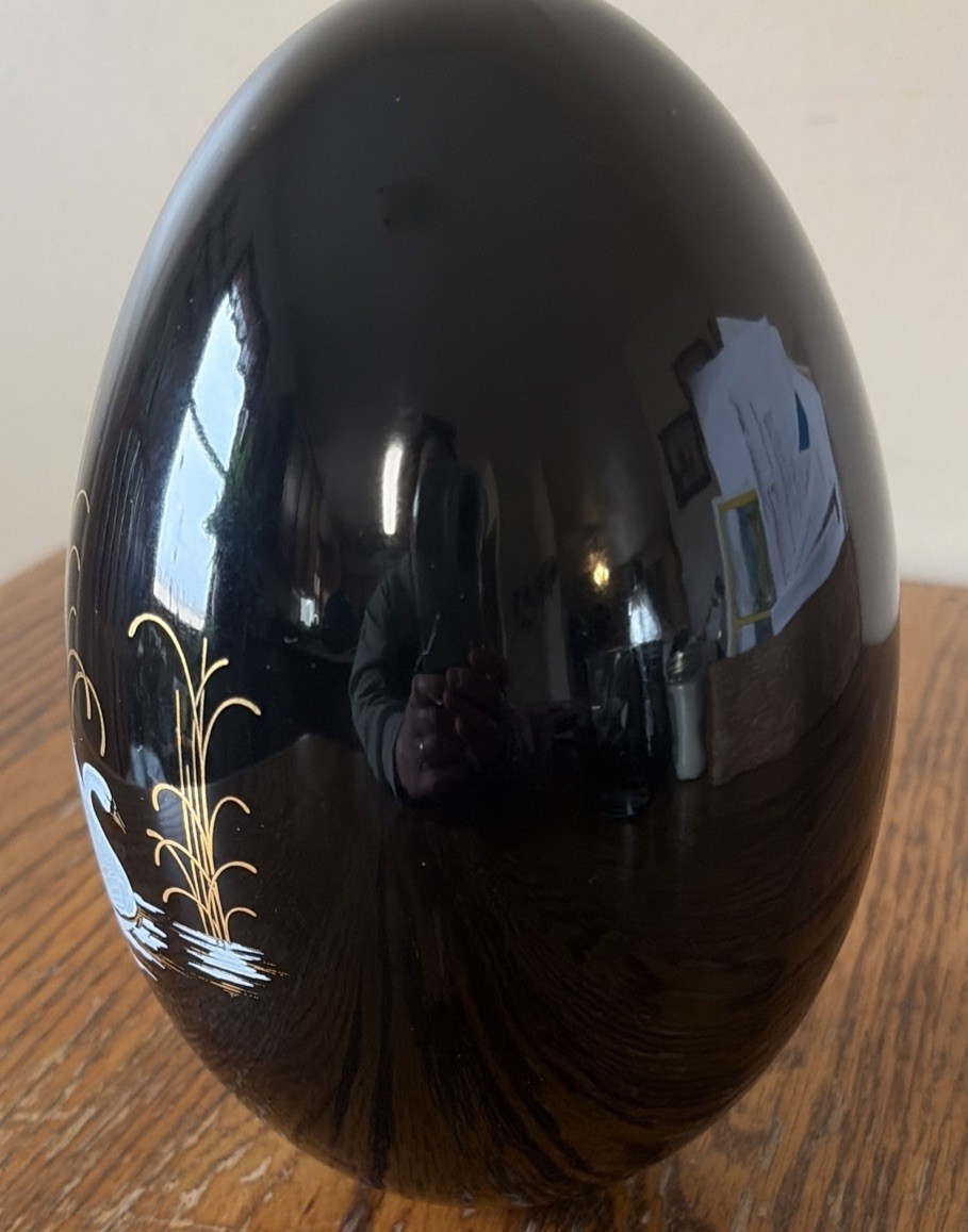 Large Porcelain Black Lacquer Egg White Swan & Gold Folk Art