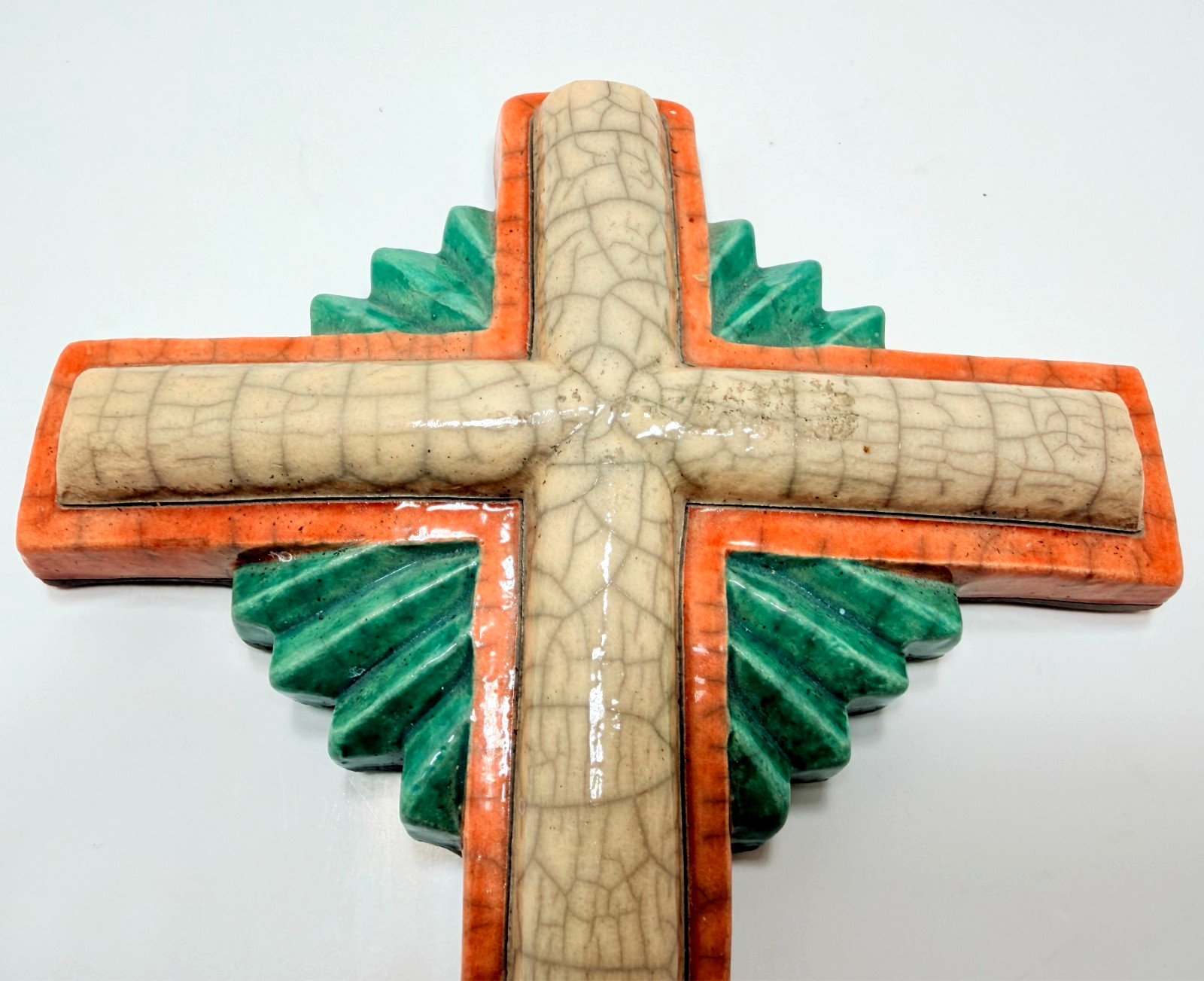 Vintage Glazed Crackled Ceramic Cross Handmade From South Africa Crucifix Decor