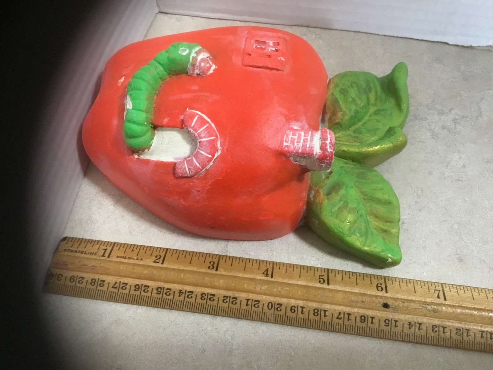 VINTAGE CHALKWARE STRING HOLDER WORM IN APPLE