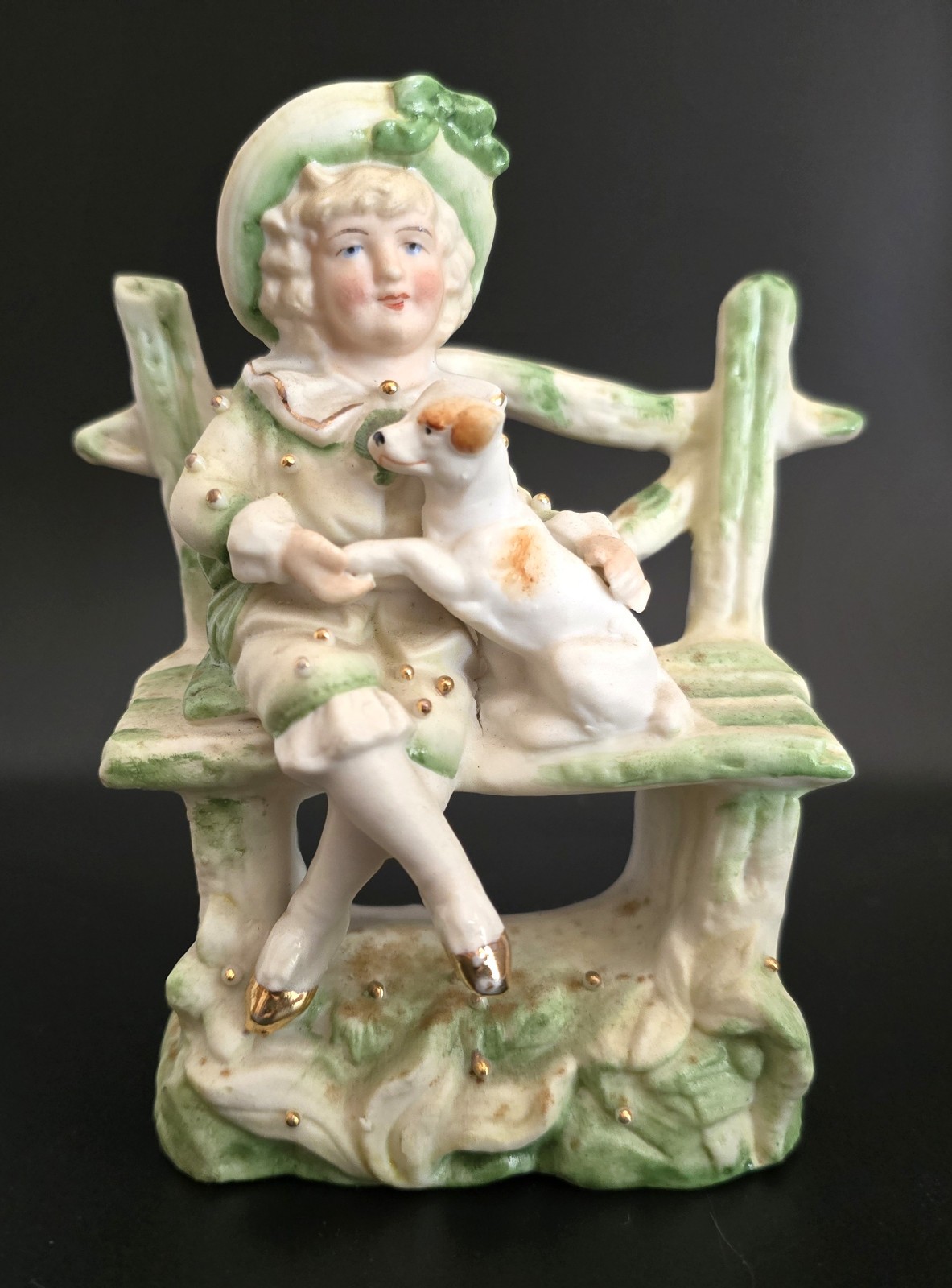 Victorian Figurine Small Child & Terrier Cross Legged on Outdoor Rustic Seat