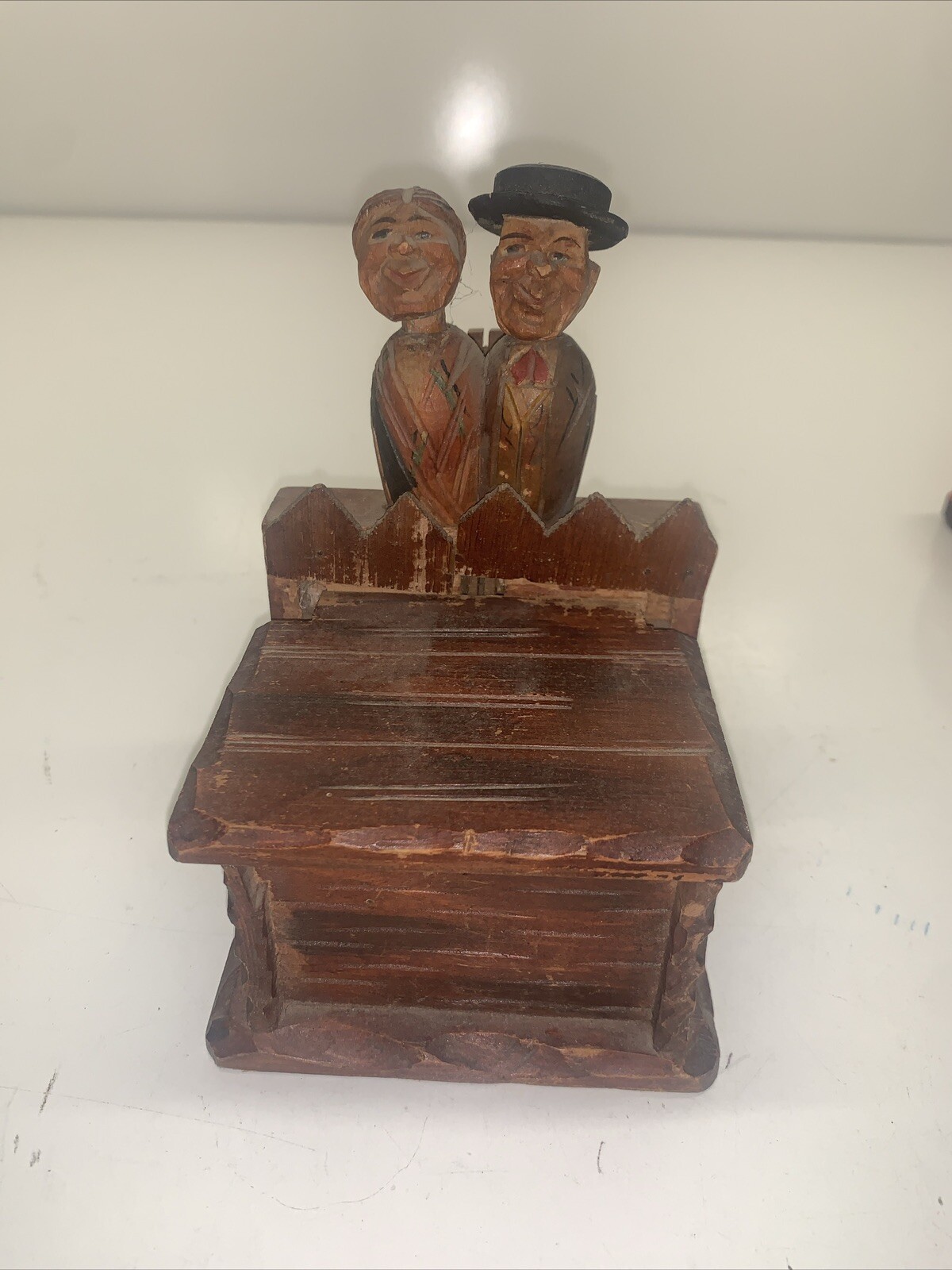 Vintage Anri Man Woman Wooden Figures Box Old Carved Art Carving