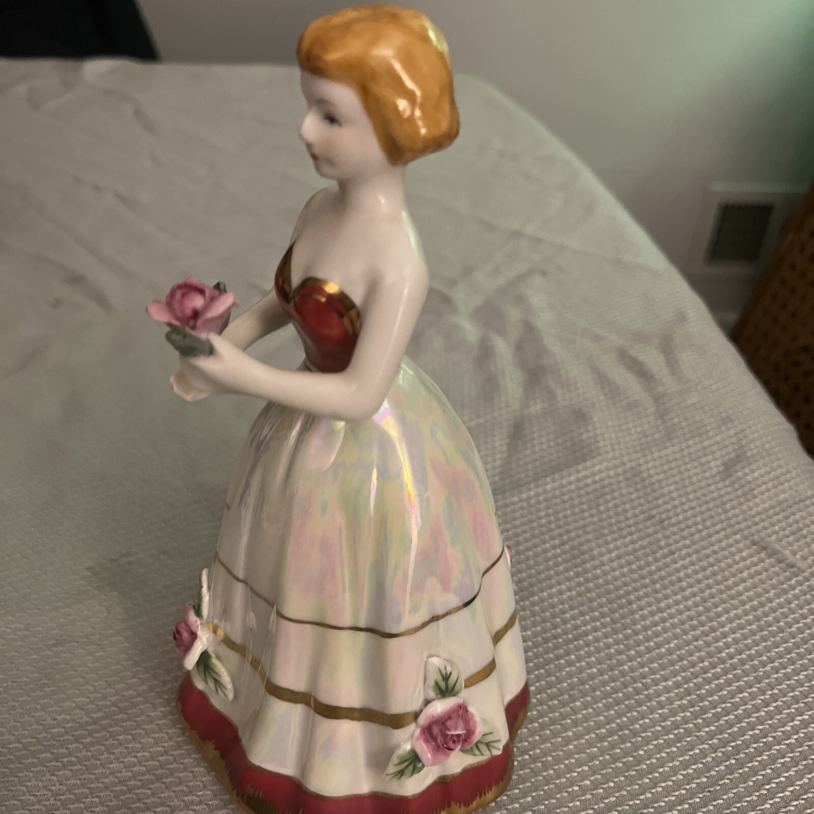 Vintage Porcelain Lady Figurine Opalescent Red, White Dress Roses
