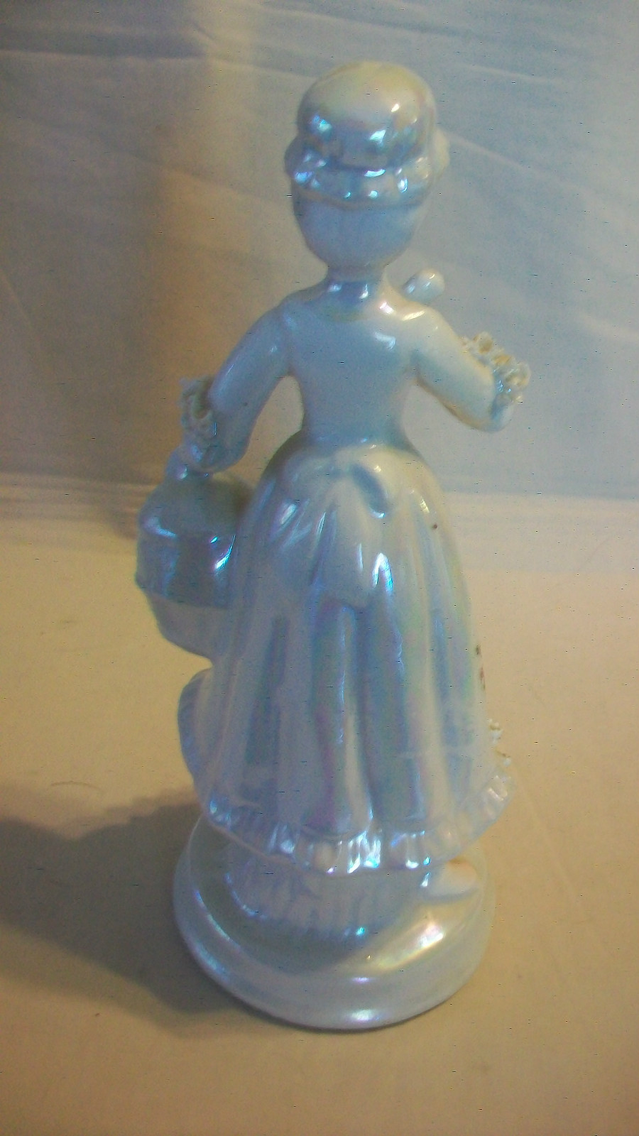 CERAMIC LADY WITH BIRD AND BIRDCAGE OPALESCENT FIGURINE