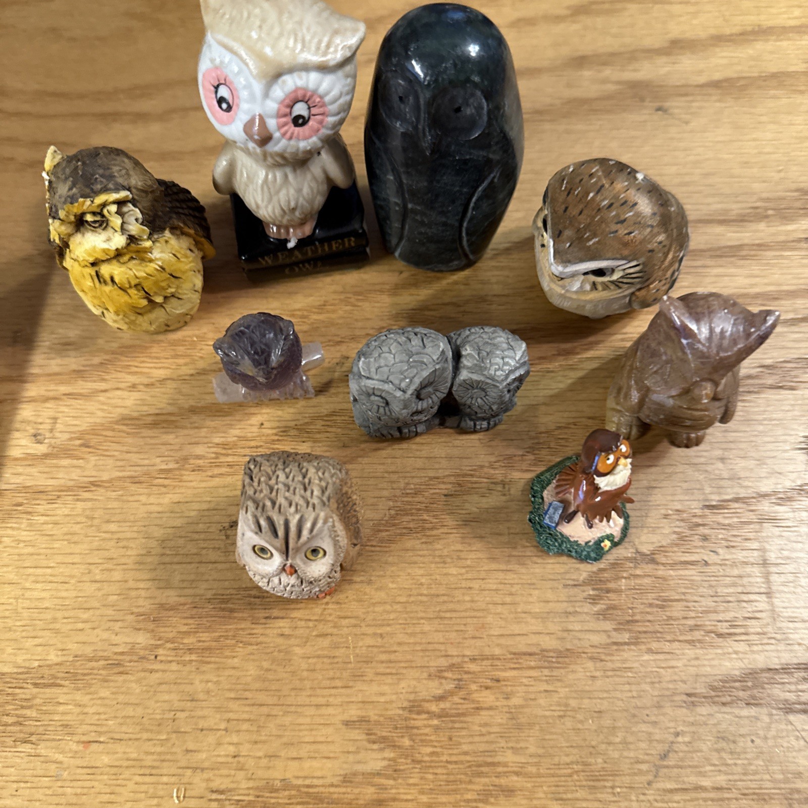 Lot of 9 Owl Figurines – Marble, India, Italy, Taiwan, Volcanic Ash, Disney
