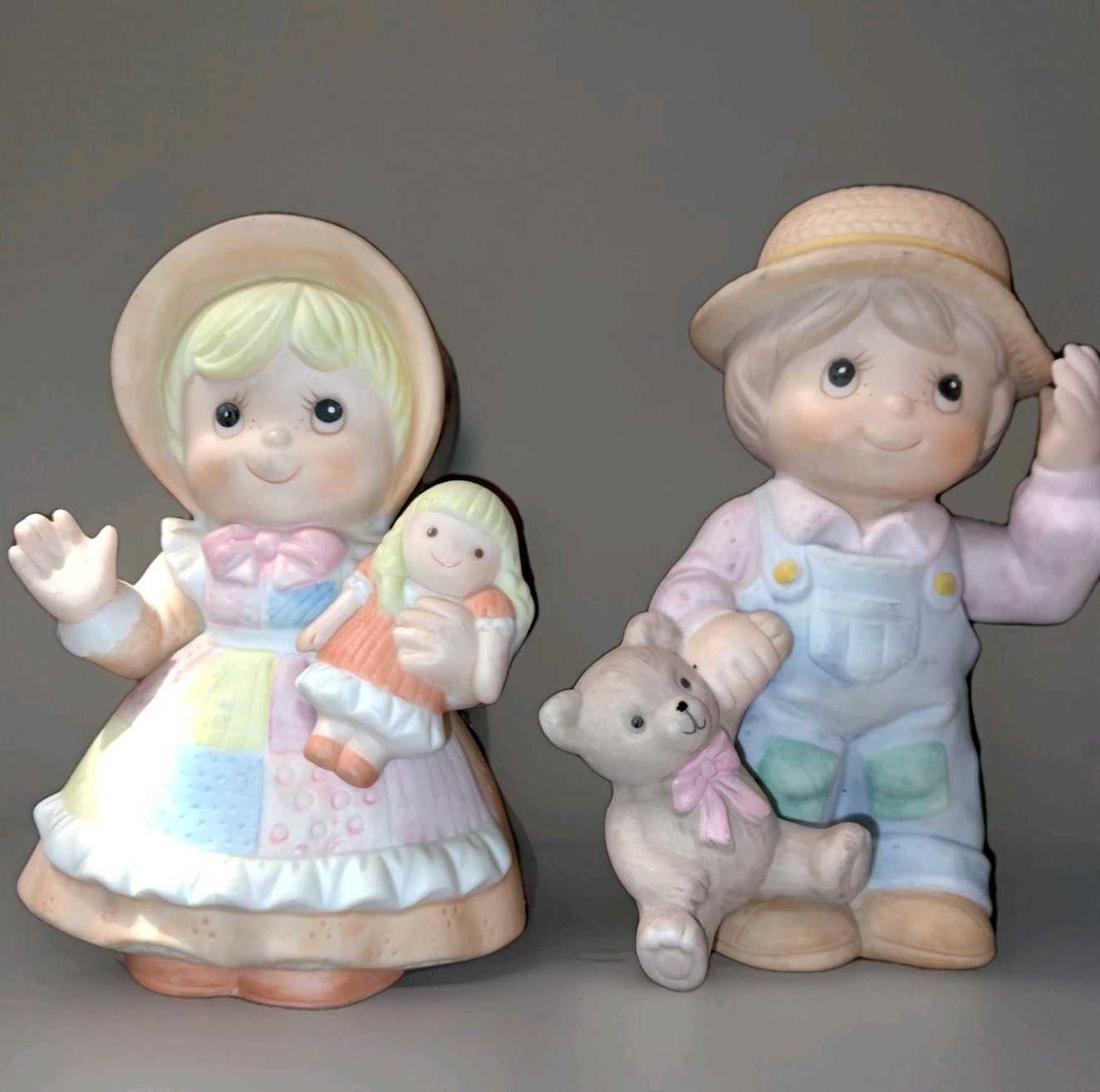 Vtg HOMCO Country Patchwork Boy & Girl Figurine Set – Home Interiors #1403 Teddy
