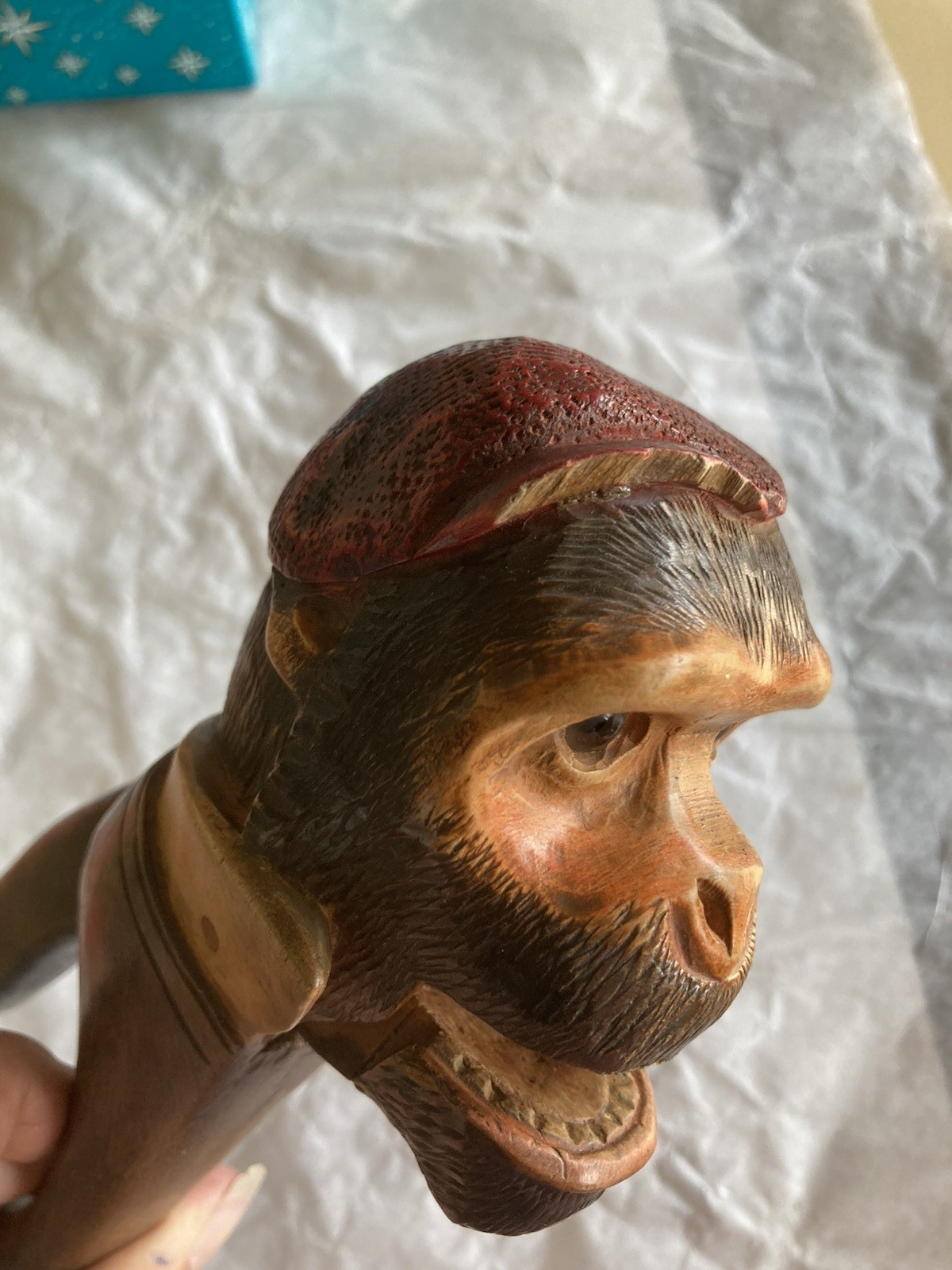 Vintage BLACK FOREST Swiss Carved Wood Ape With Collar & Glass Eyes NUTCRACKER