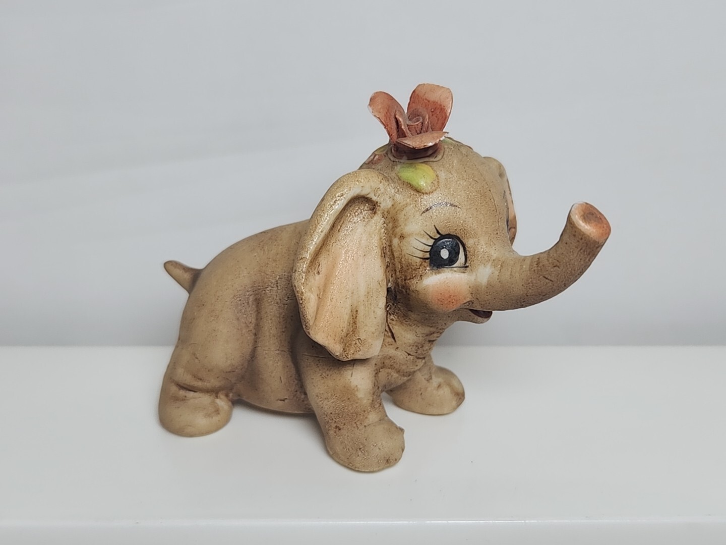 Vtg Korea Baby Elephant Porcelain Figurine Anthropomorphic 3″ H x 4″ L