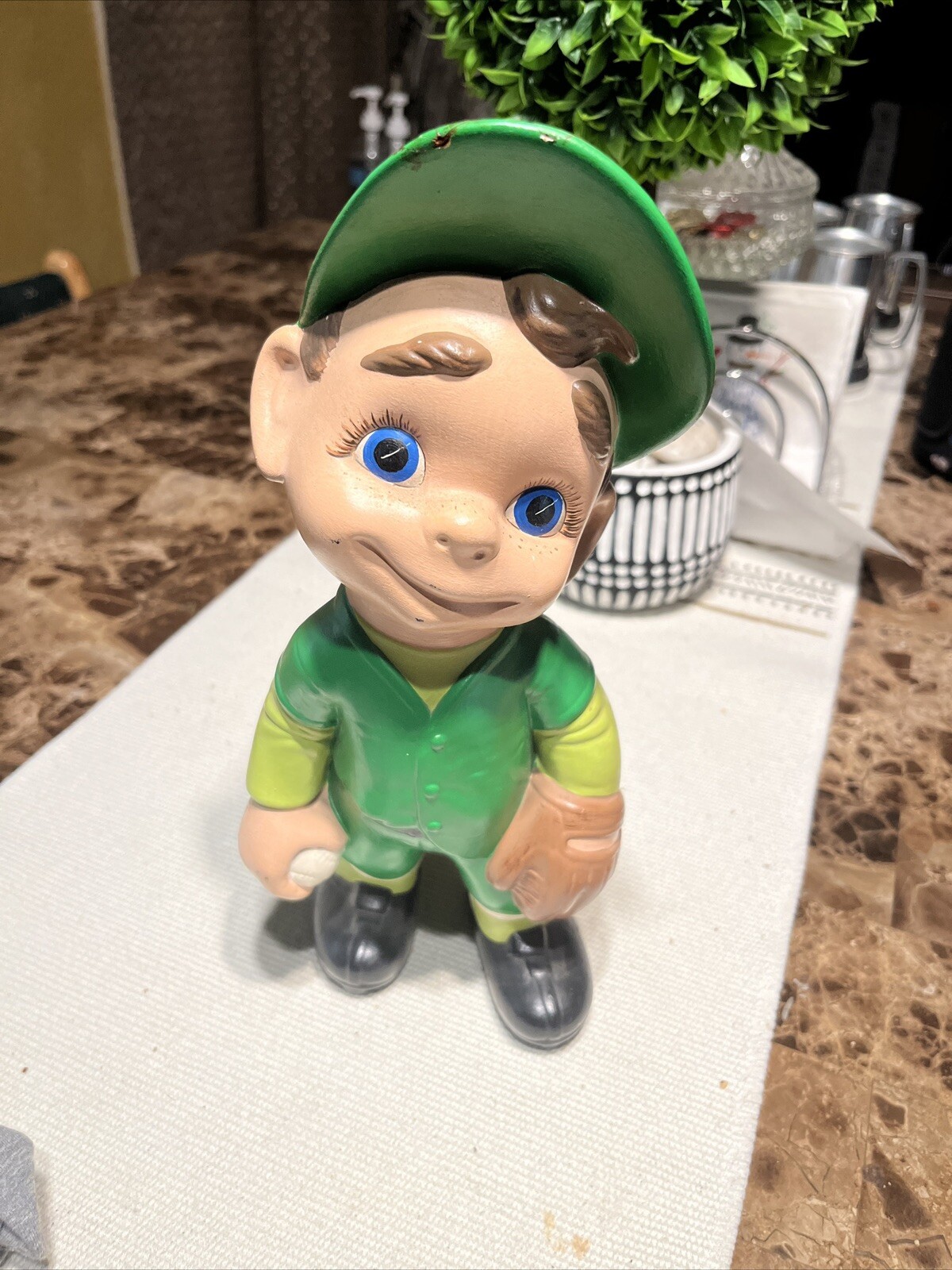 1970s Vintage Baseball Player Figurine Smiley Boy Atlantic Baseball Pitcher 12”