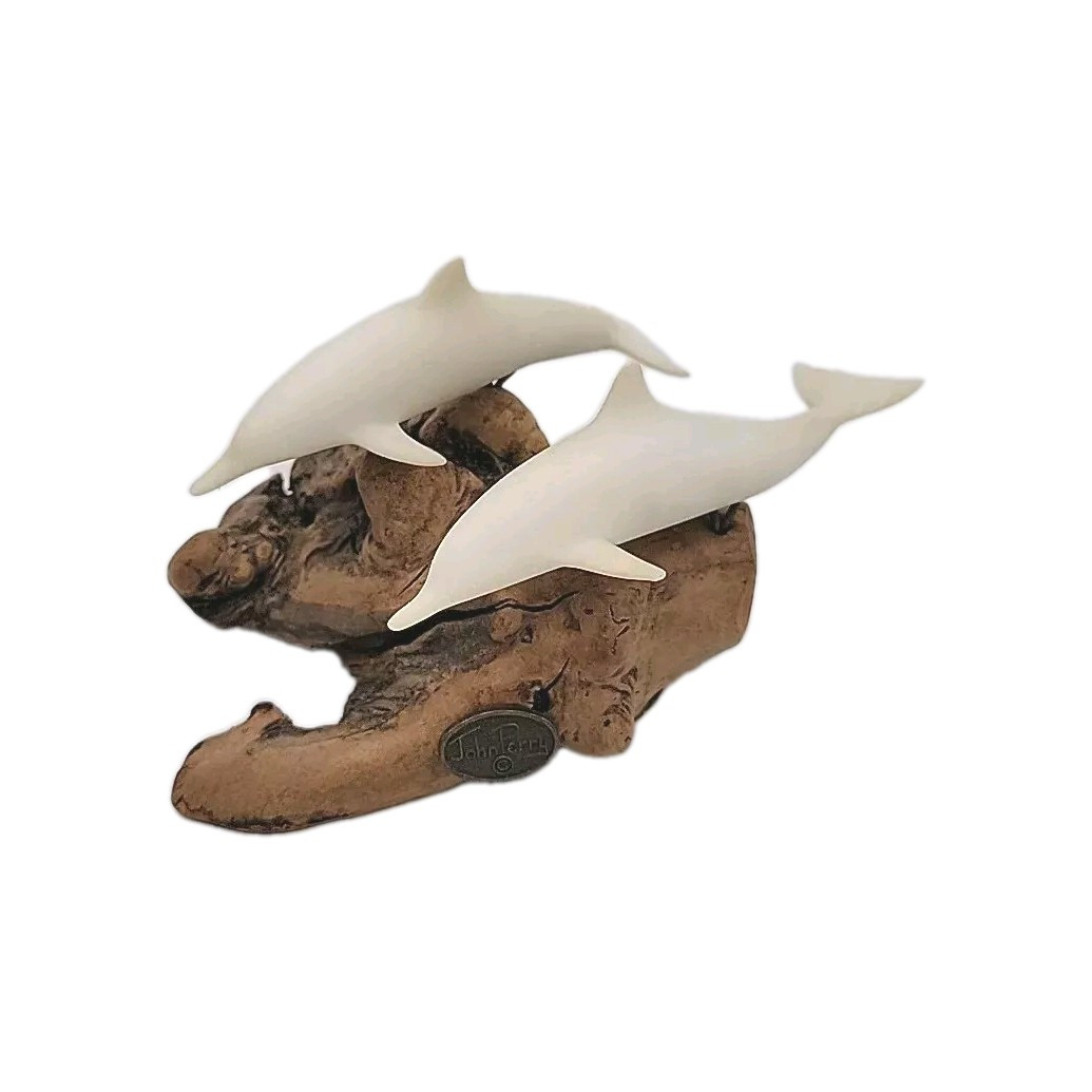John Perry 2 White Dolphin Figurines On Burl Driftwood Sculpture Signed