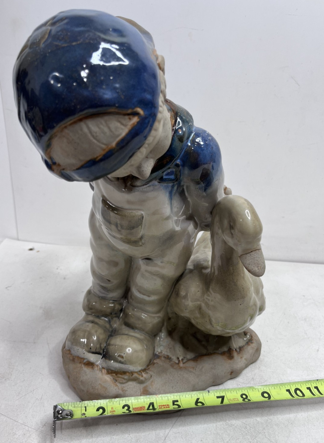 Vintage Ceramic Boy Goose Figurine 15” Hand-Glazed Child Figure Statue Blue Hat