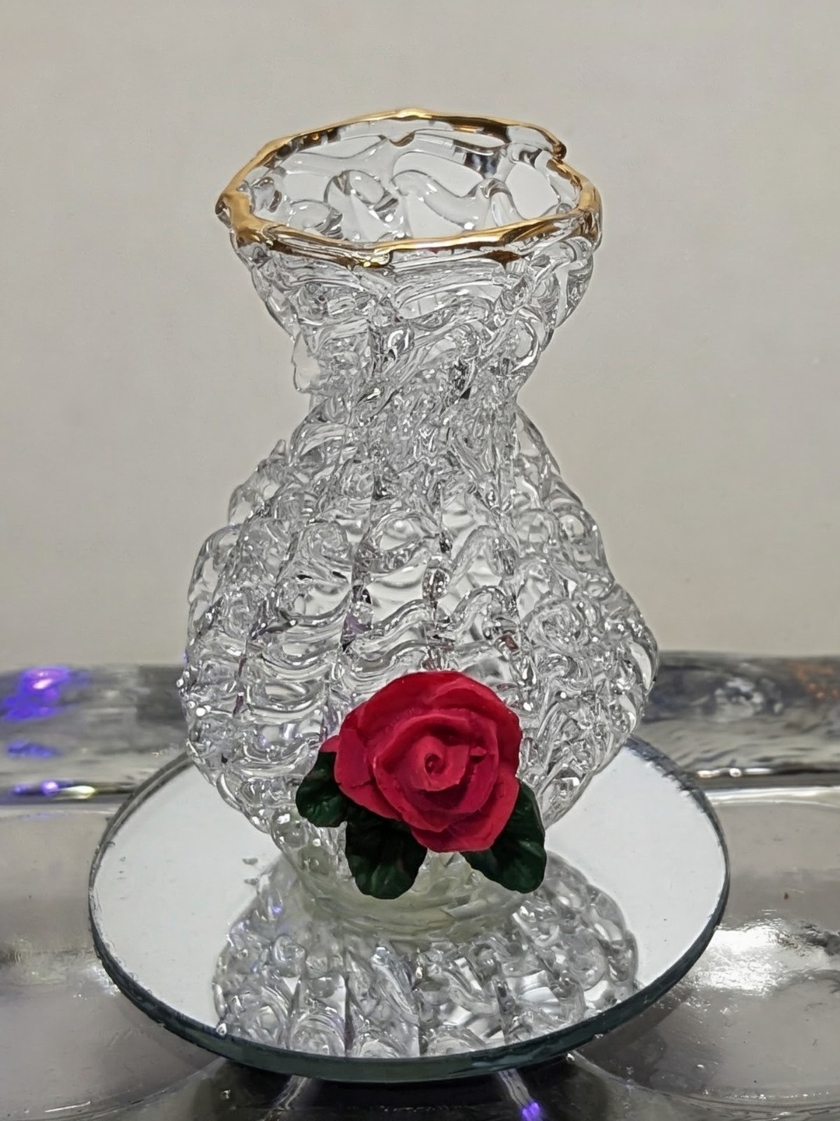 Spun Glass Vase Figurine With Red Rose & Leaves On Mirror Base 2″