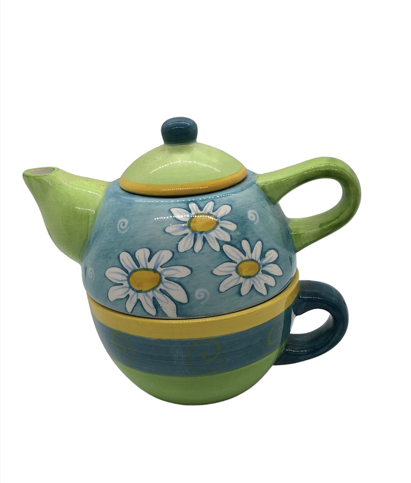Tea for One Floral Motif Studio Nova Blue Green Yellow KT 377 SEE CRAZING