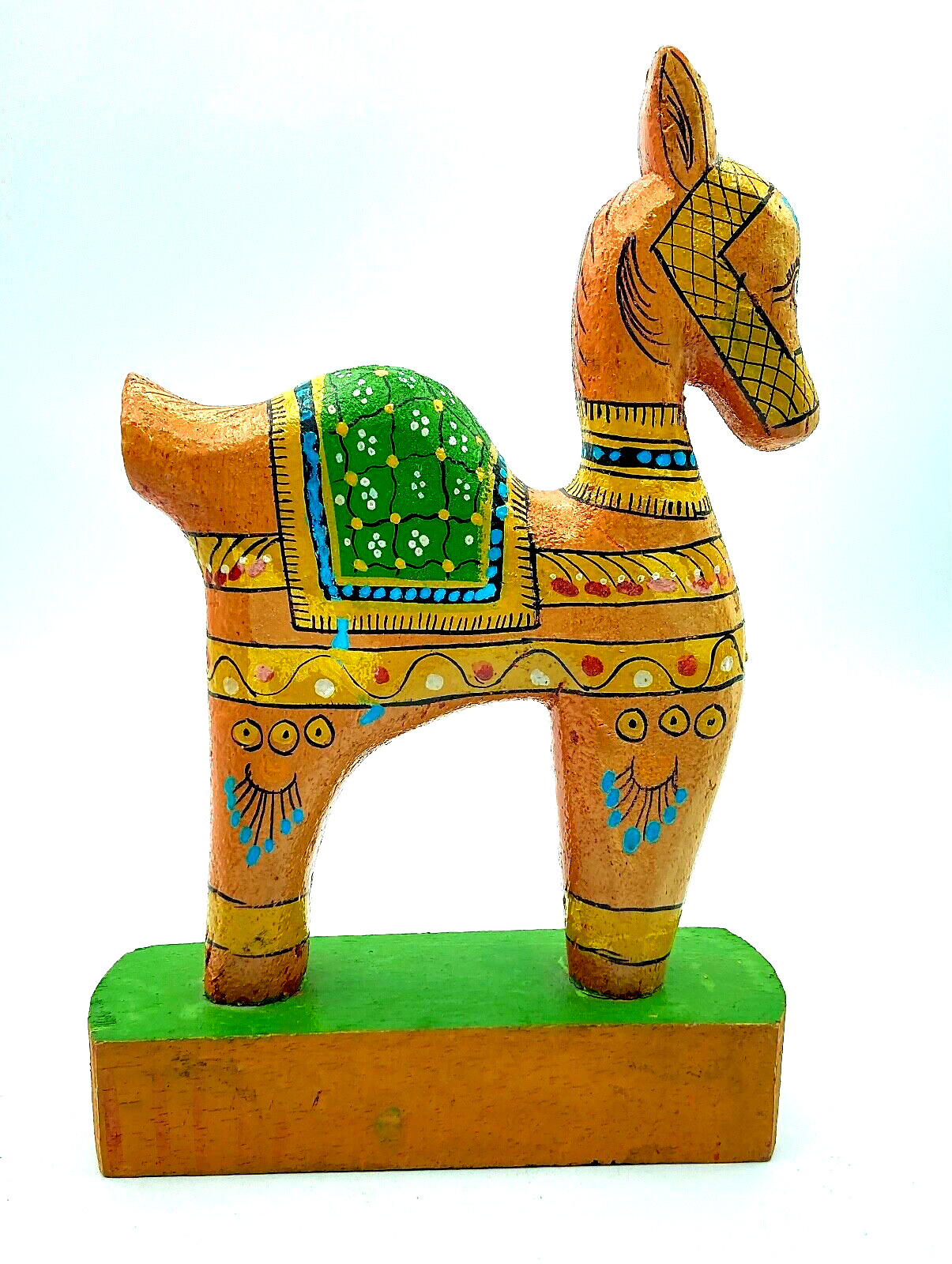 Folk Art Camel Hand Carved and Painted Orange Made in India 10 1/2″ T x 9″ L