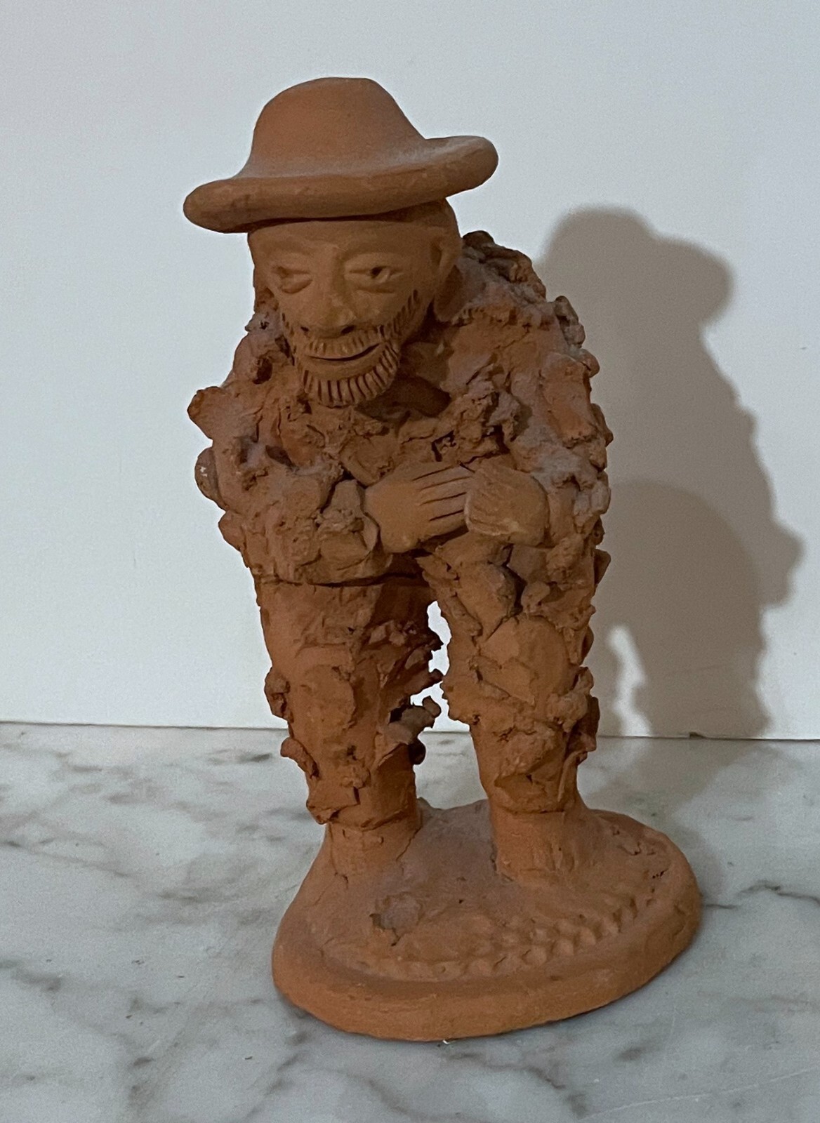 VINTAGE FOLK ART TERRACOTTA POTTERY STATUE OF A STANDING BEARDED OLD MALE FIGURE