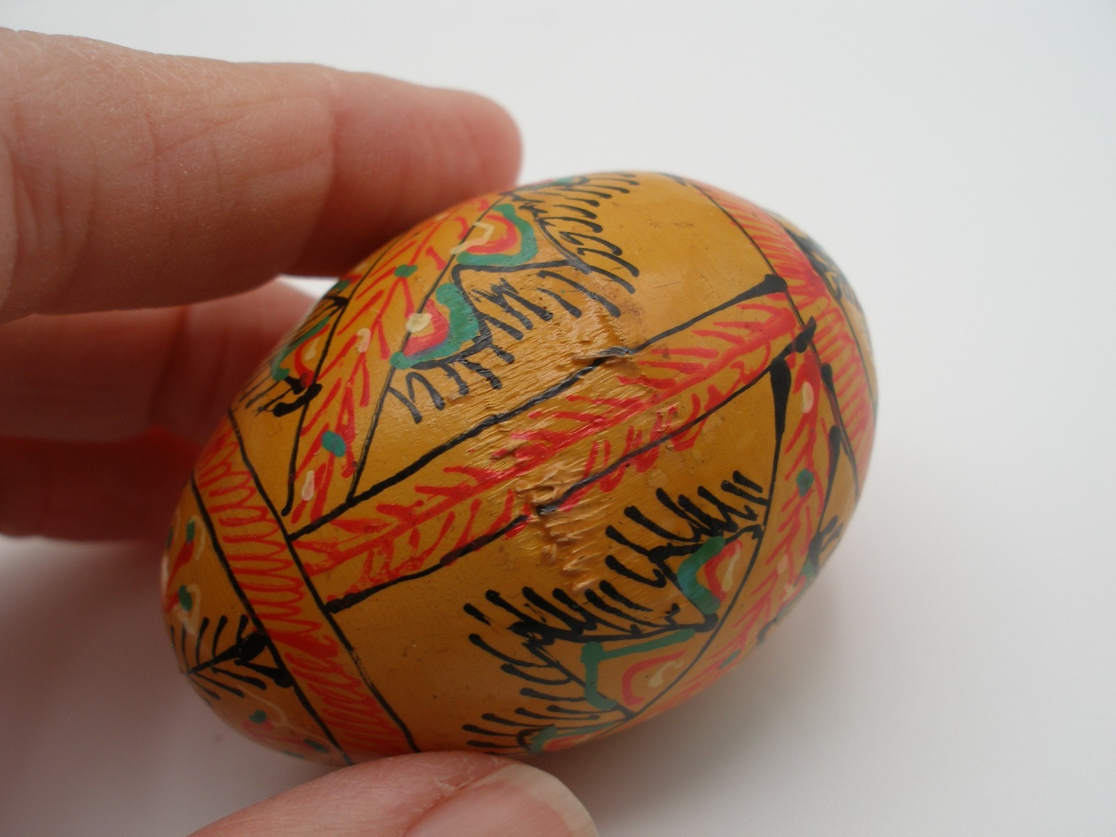 Hand-Painted Ukrainian? wood Easter Egg; gold, green, orange