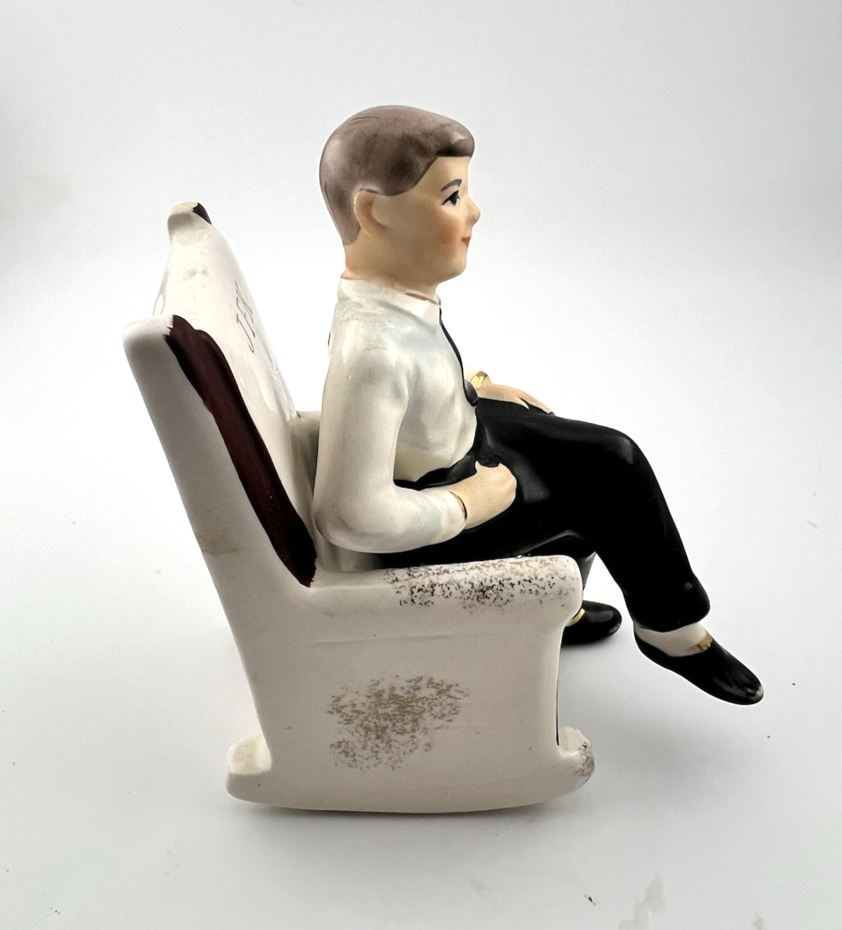 JFK Signed Ceramic Figurine Seated in Rocking Chair, Glossy Mid-Century 1962