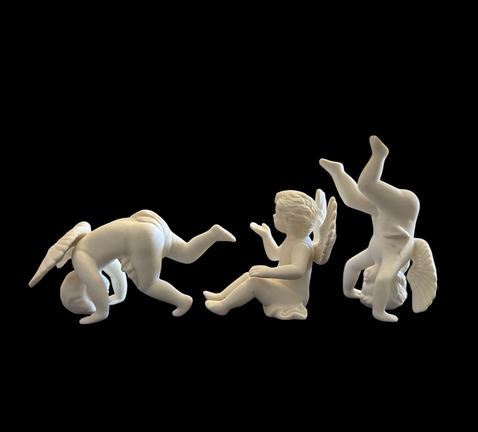 2 Tumbling 1 Sitting Cherub Angel White Matte Ceramic Figurines Coquette Small ￼