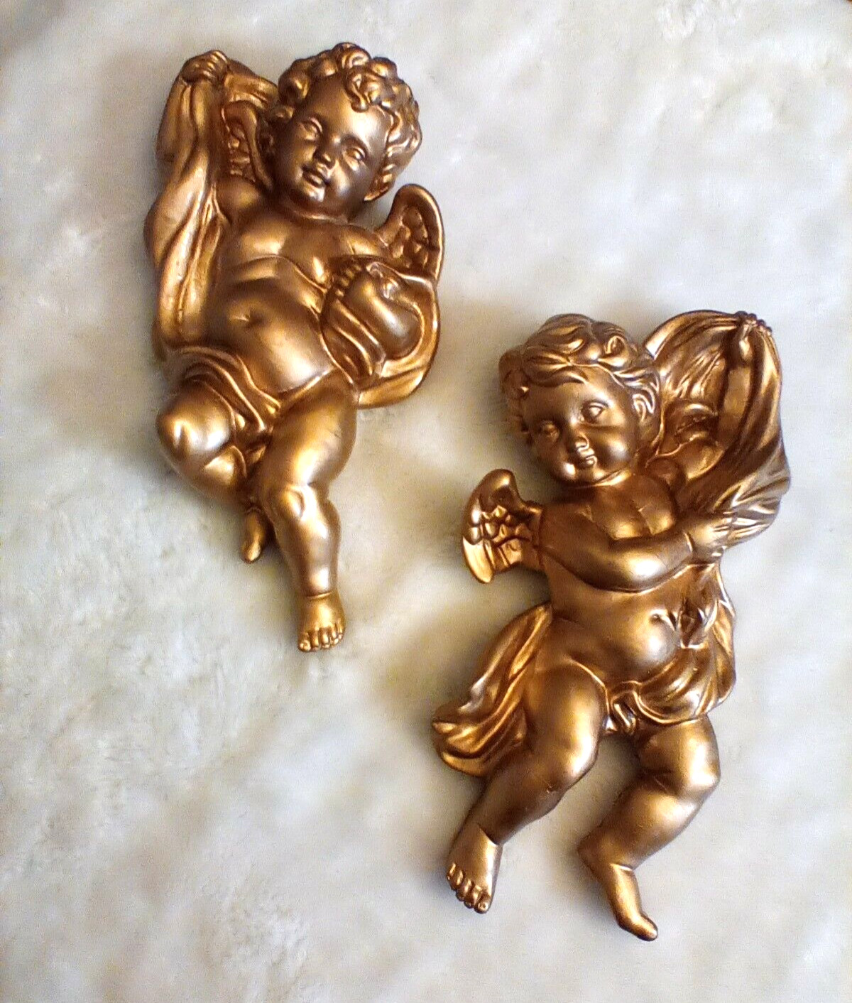 VINTAGE ANGEL CHERUB SET OF 2 10″ VICTORIAN GOLD WALL HOLLYWOOD REGENCY MCM