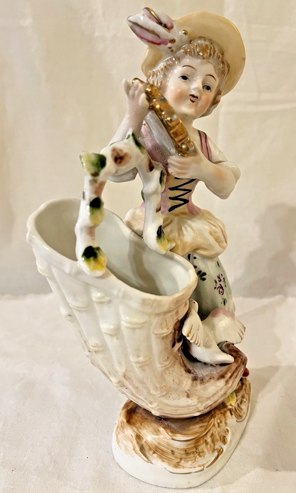 Antique Porcelain Figure Rococo Style Lady with Tambourine and Cornucopia, Bird