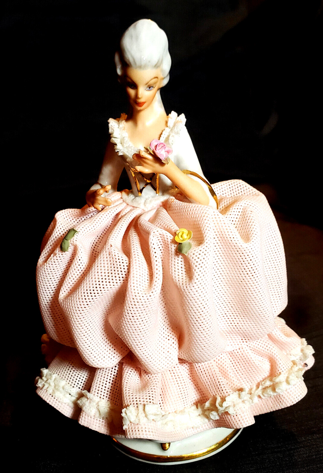 Vintage Dresden Porcelain Lace Figurine of 18th Century Lady in Puffy Pink Gown