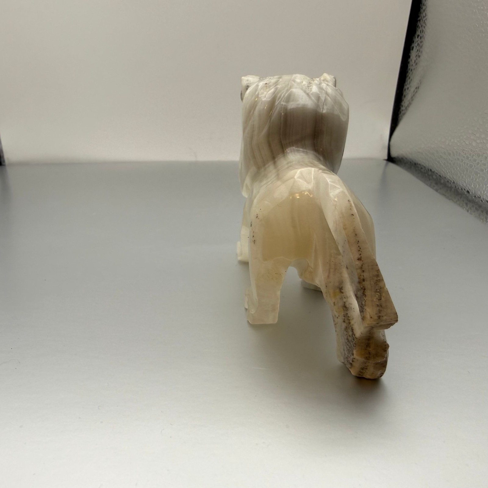 Vintage Hand Carved White Onyx Lion Figurine Stone Guardian Decor