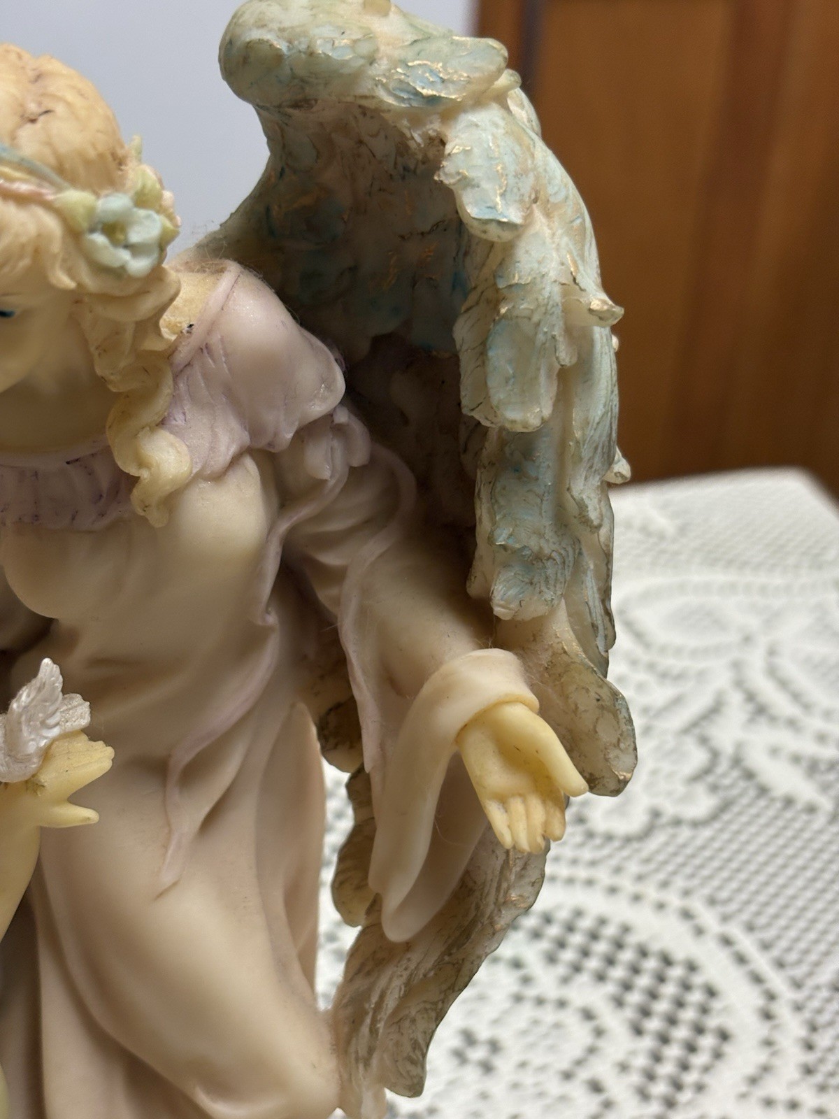 Large Resin Seraphim Like Angel & Young Girl & Dove 8.5”x5.5”x3.5” 2.5Lb EUC