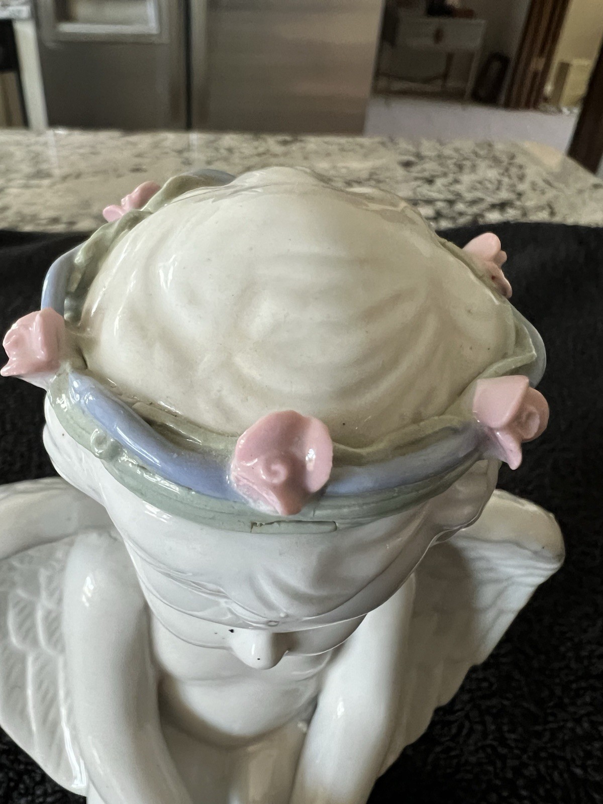 White Glazed Porcelain Cherub Angel Figurine Pink Roses Floral Crown Sitting