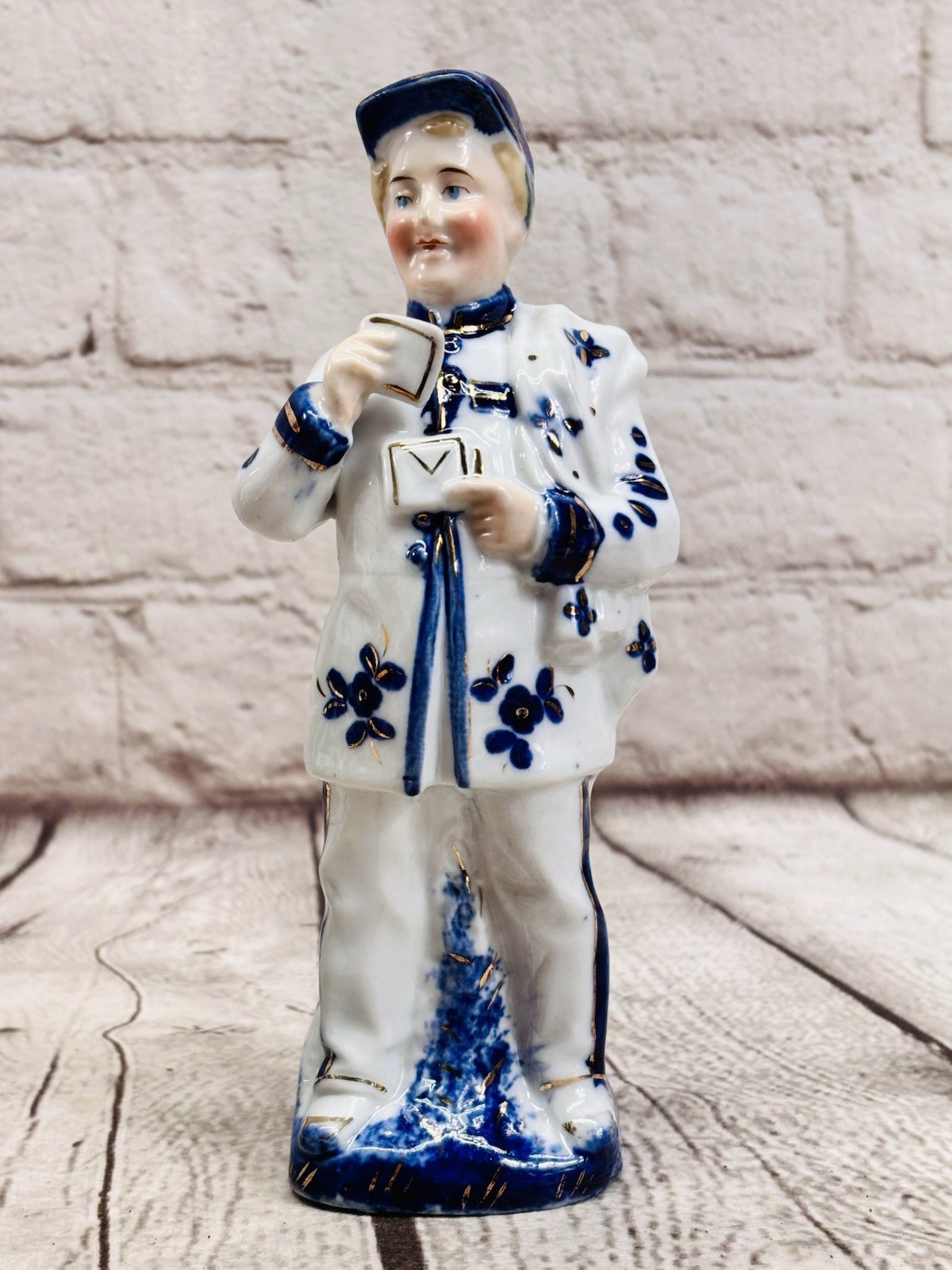 Antique German Porcelain Trade Figurines Blue Gold Policeman Postman Set 7.5”
