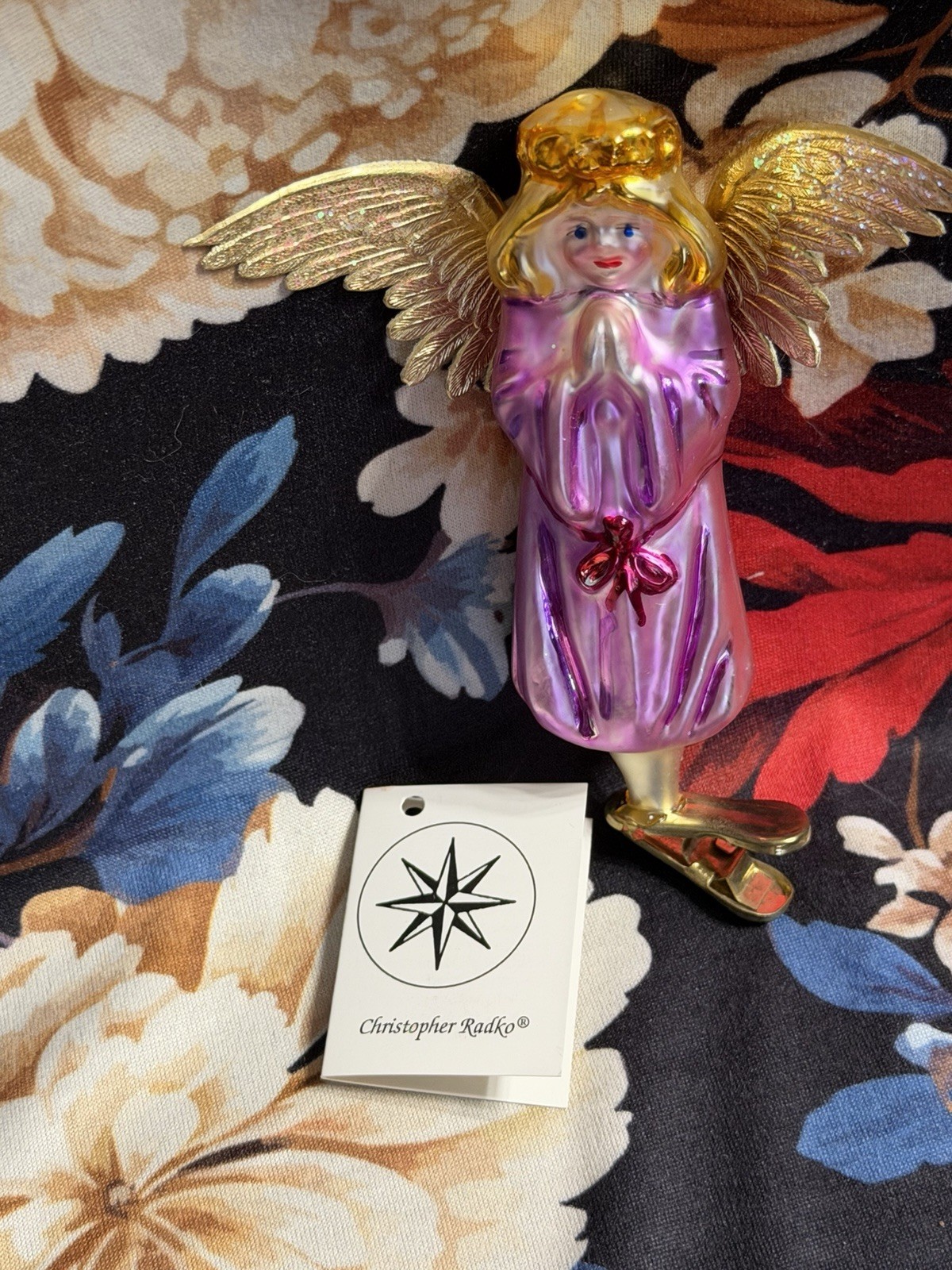 Radko WINGS And A PRAYER Angel Ornament 94-152 Clip Angelique Deep Pink