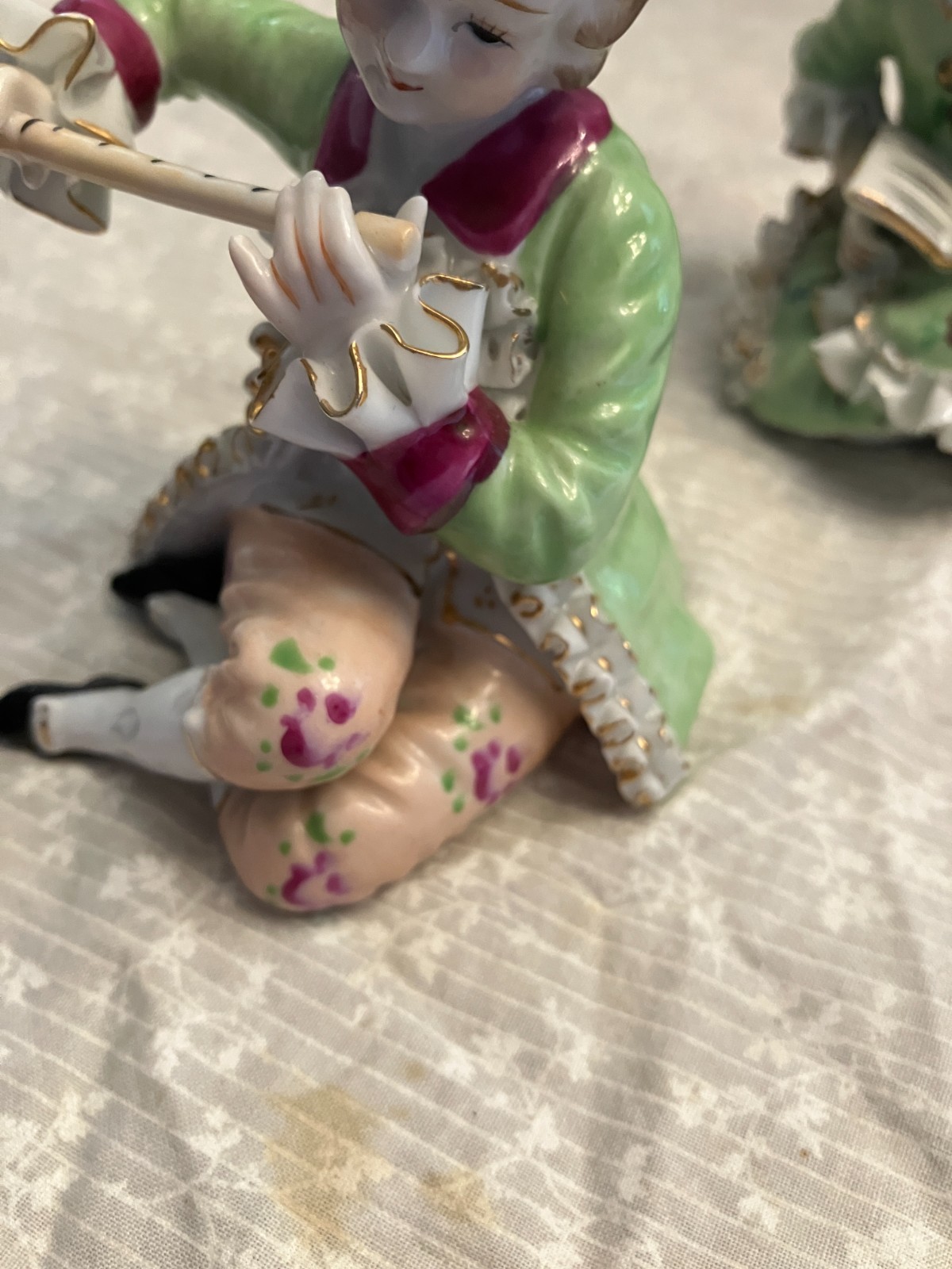 vintage Wales porcelain. Meissen style bone china. Lace boy with flute and girl