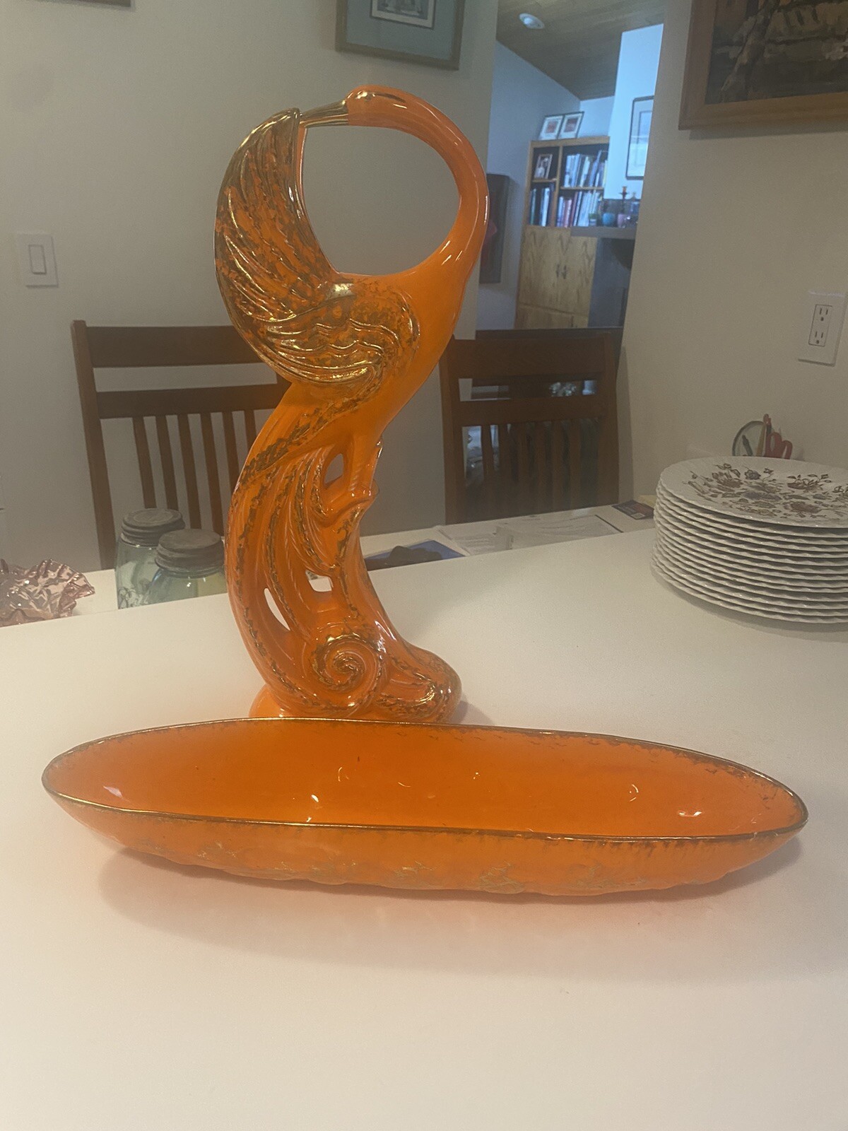 LARGE Vintage Mid Century Modern Orange Gold Ceramic Peacock Statue & Dish CALIF