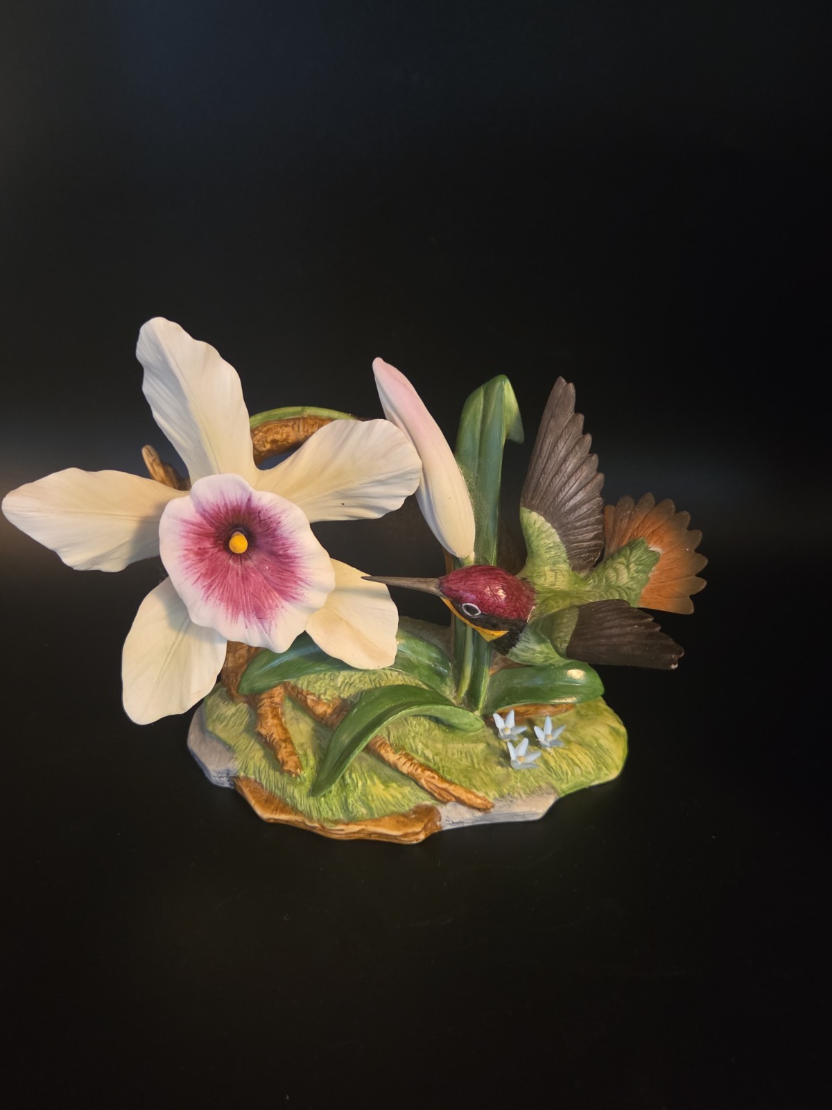 Andrea by Sadek Ruby Topaz Hummingbird Figurine With Orchid Flower 1989