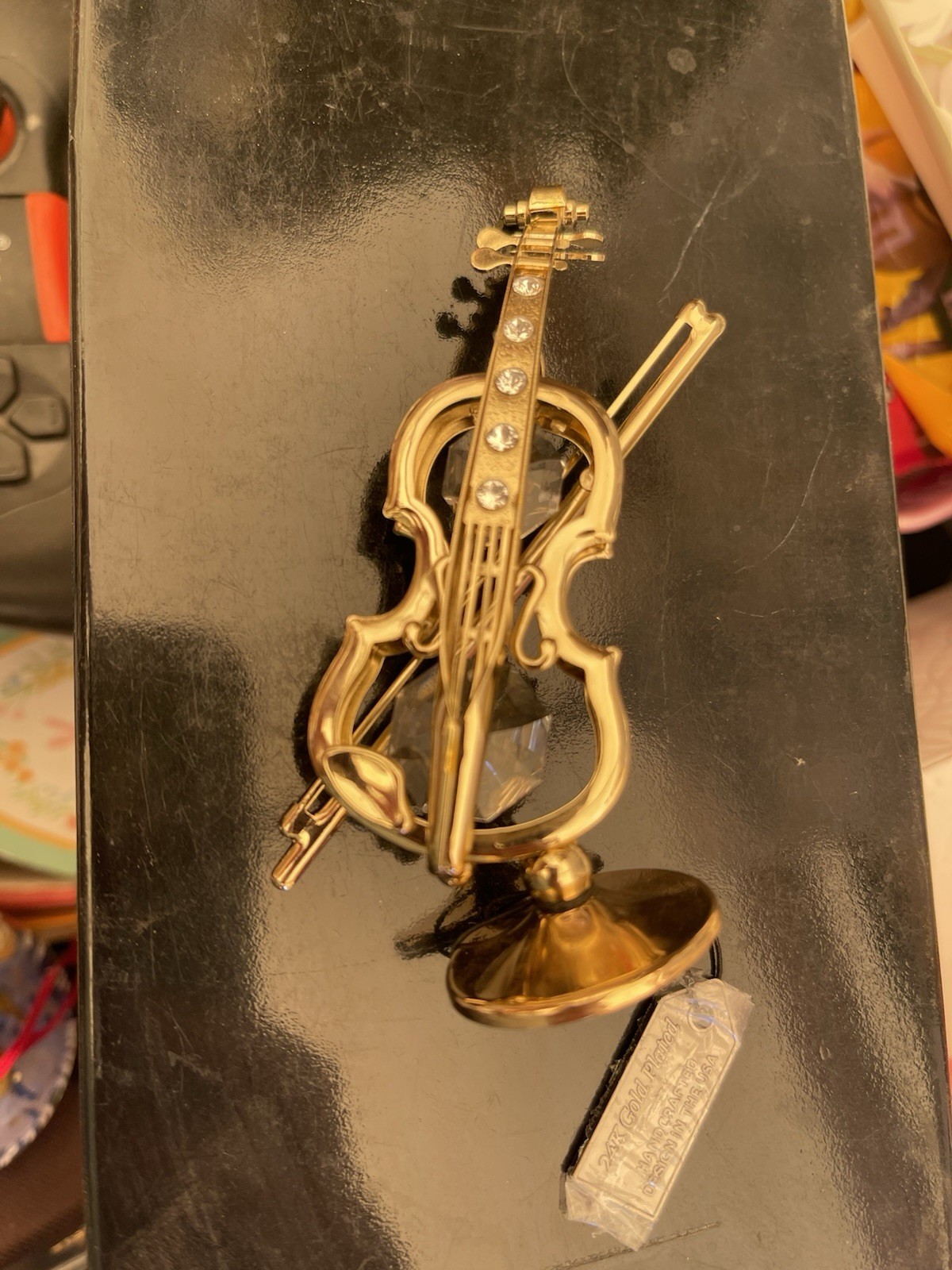 Matashi Crystals Gold Plated Violin Figurine with Clear Crystals, Boxed