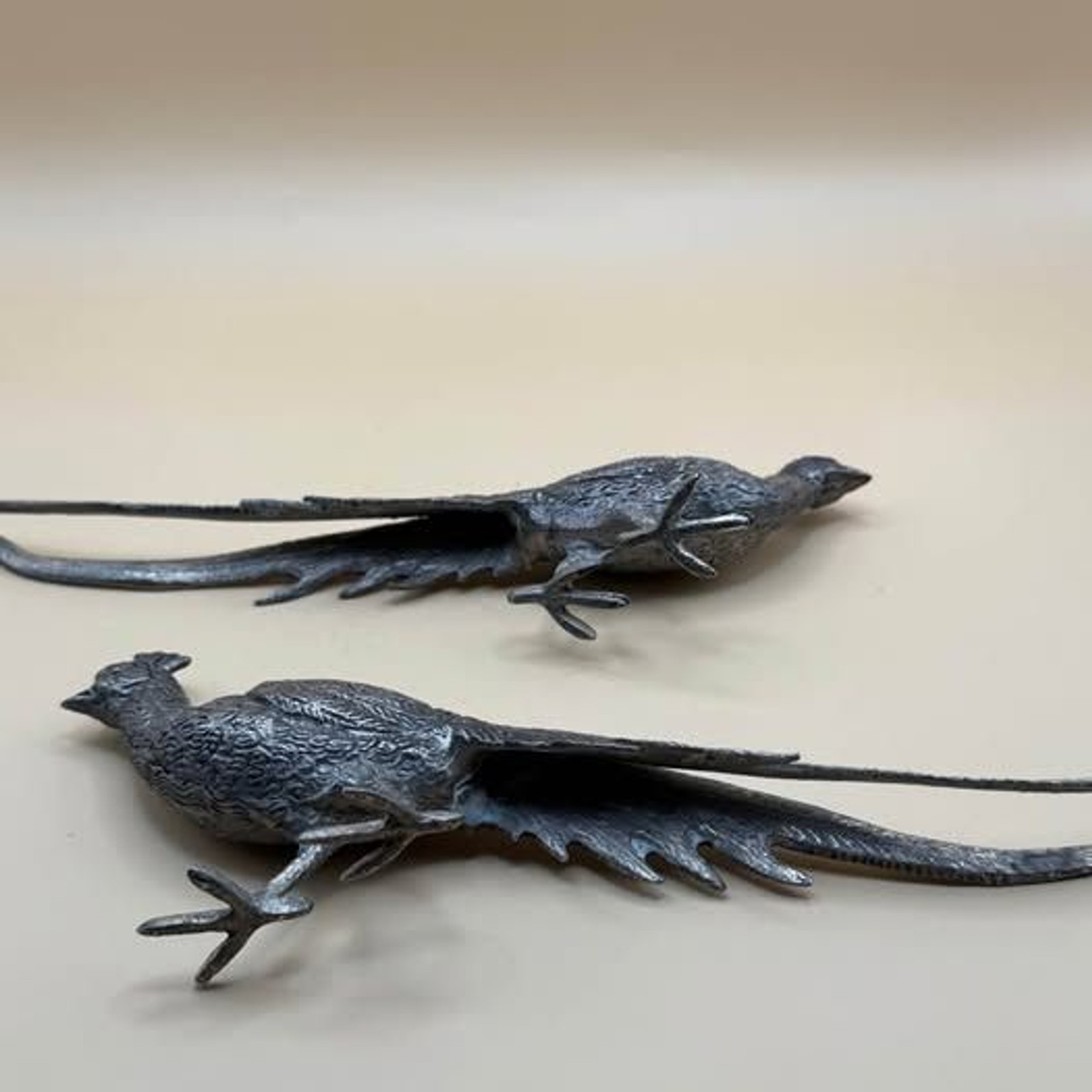 Vintage Midcentury Rooster and Hen Pair of Pewter Pheasant Figurines