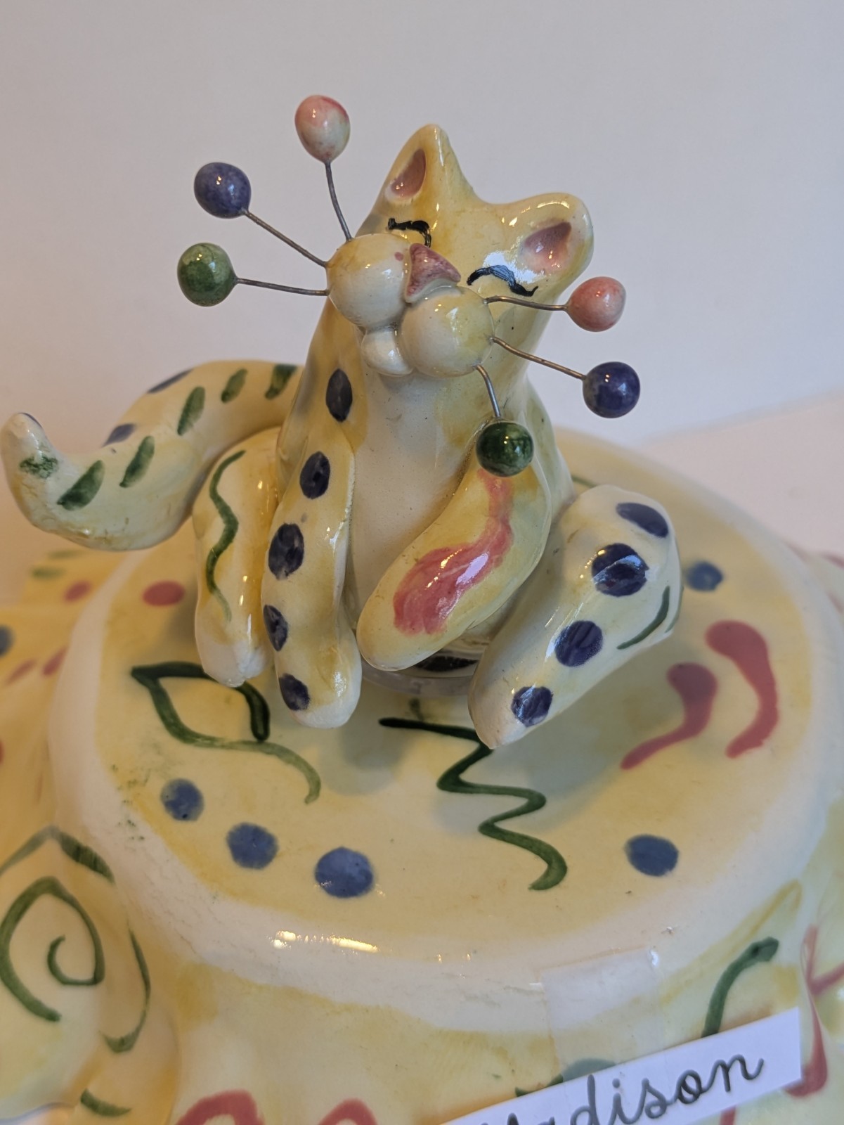 RARE Colorful Multi Pattern Musical “Madison” WhimsiClay Cat Handmade Original