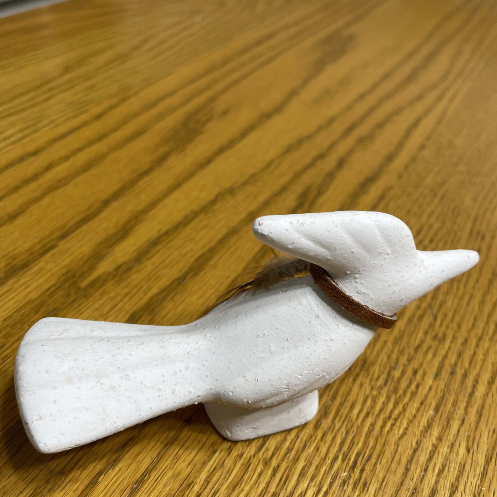 Roadrunner Figurine Leather Neck Band and Feather 4 inch Handcrafted Bisque