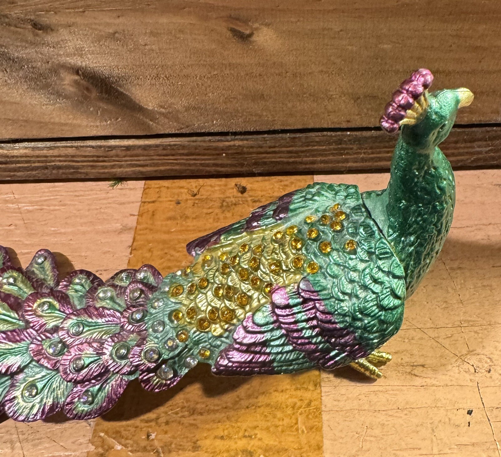 Vintage Peacock Metal Trinket Box with Metal Hidden Compartment Jewelry