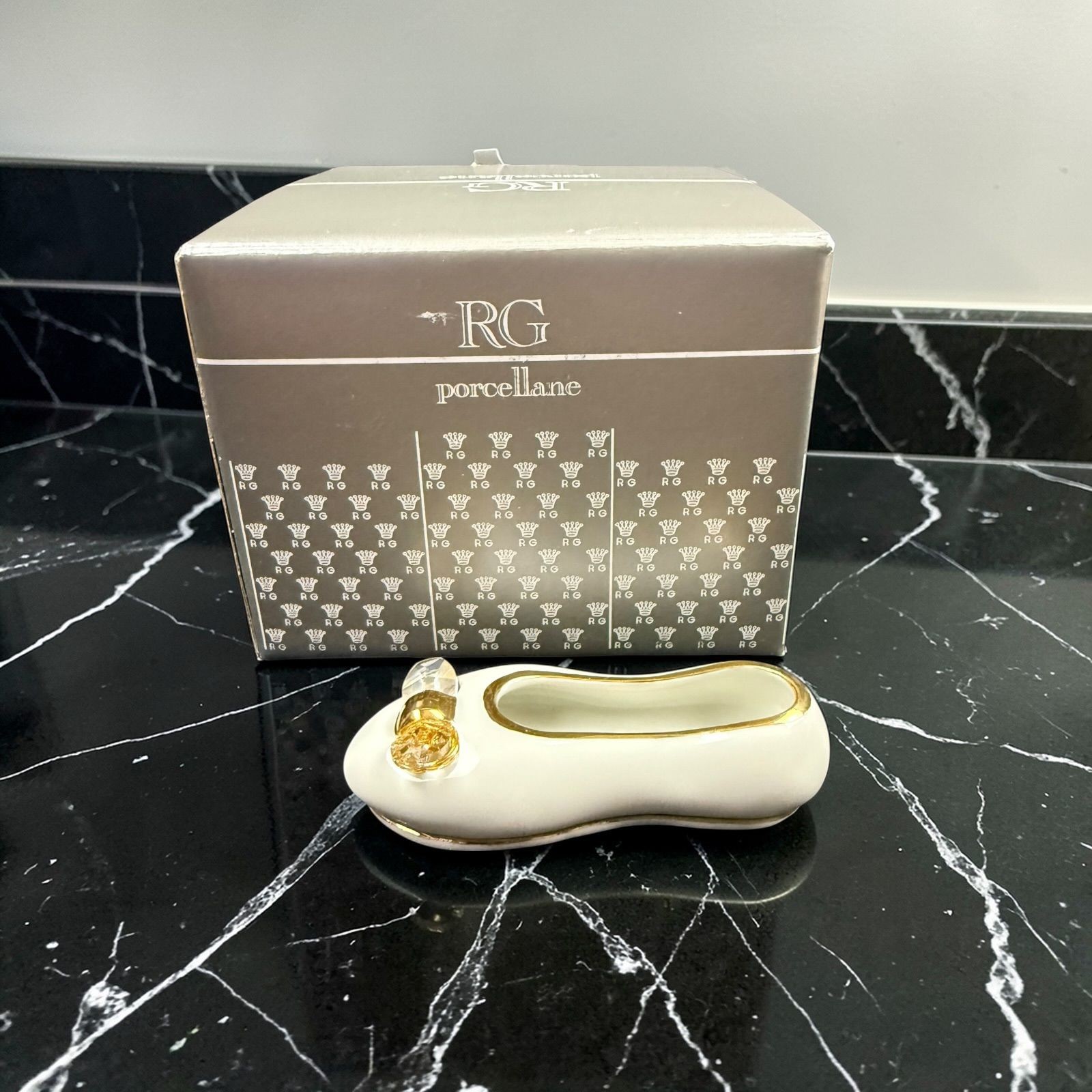 RG Porcellane Swarovski Crystal Porcelain Shoe Figurine Gold Trim Miniature