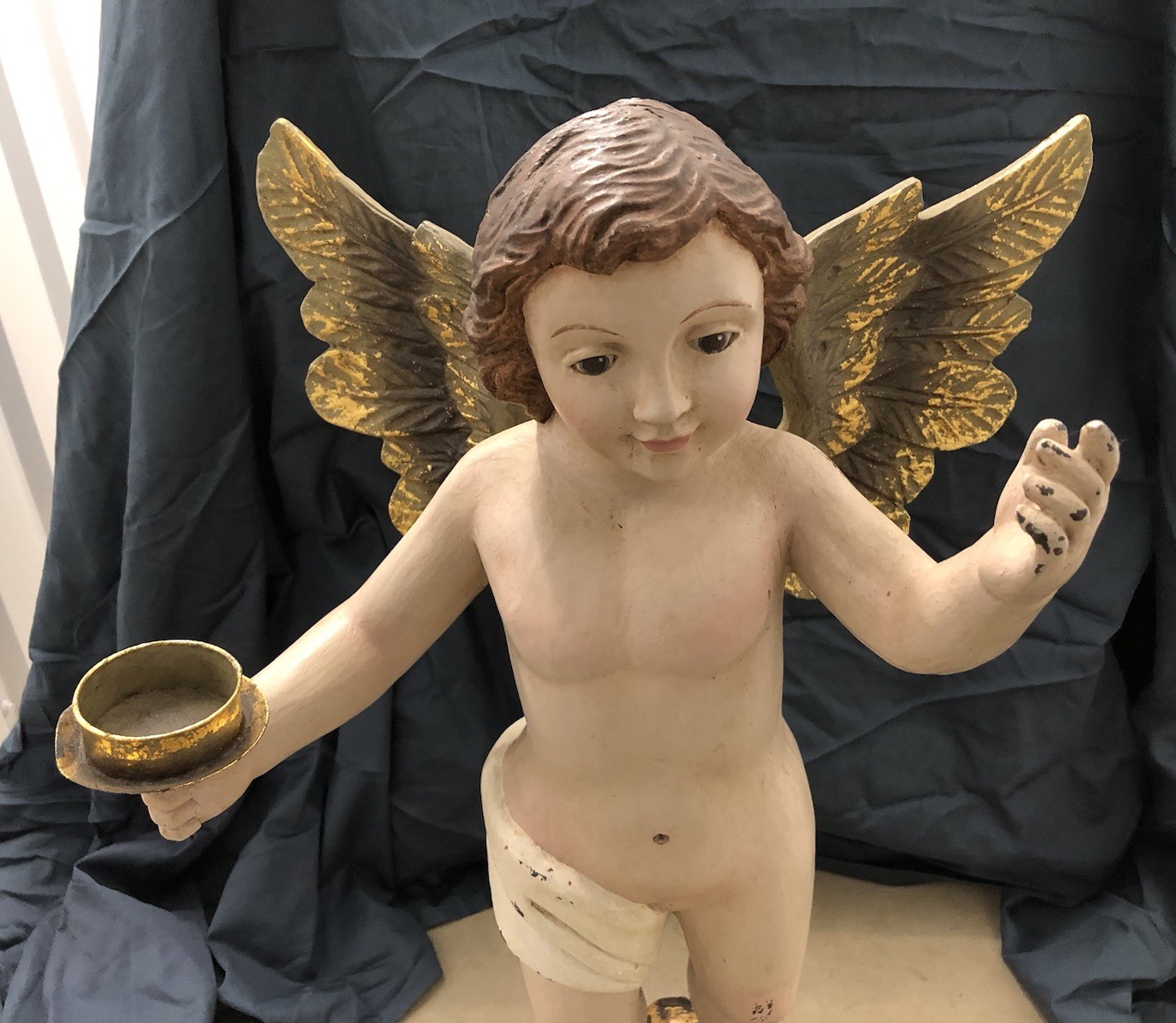 Large Vintage 28” Italian Cherub Putti Angel Composite Stands On Floral Base