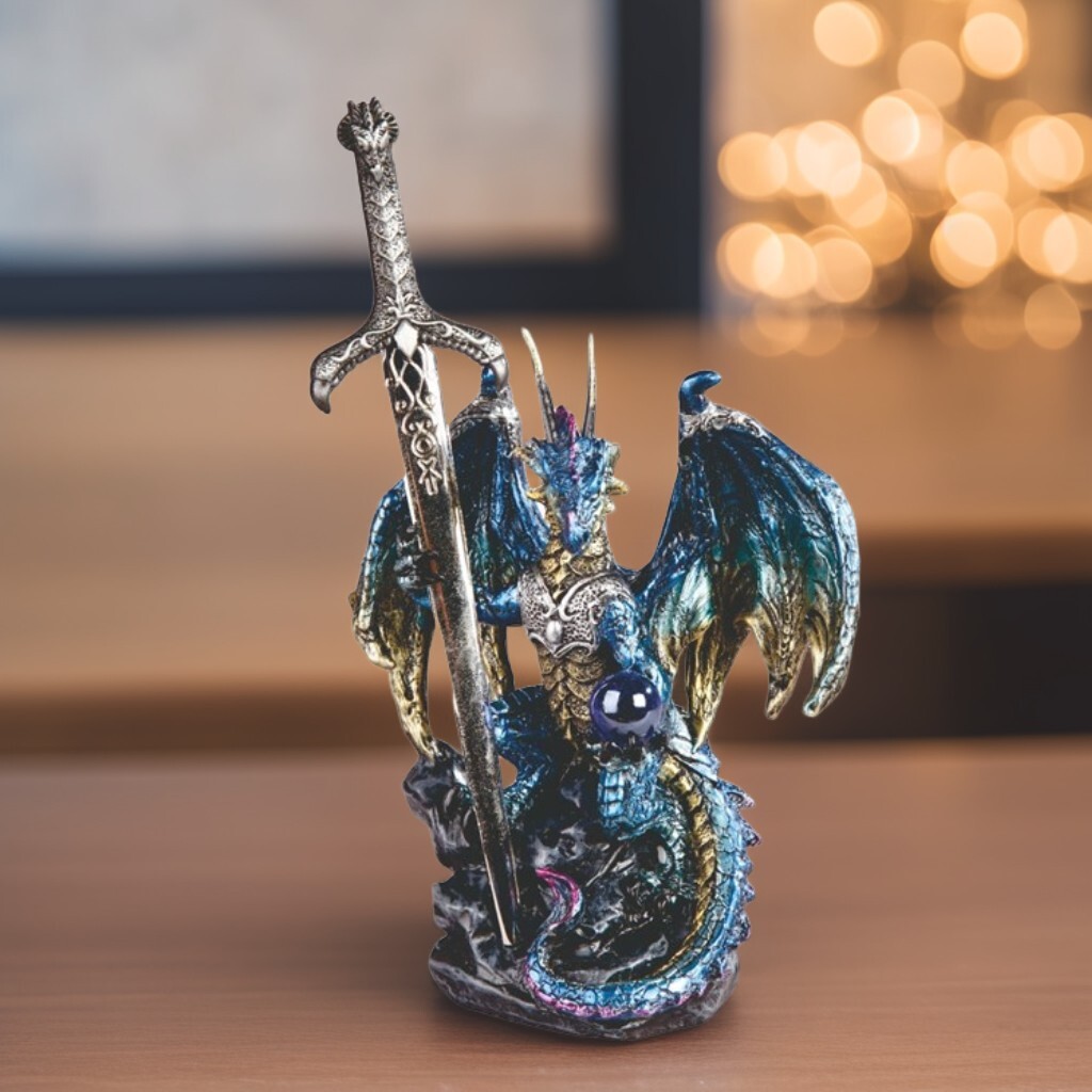 5″H Blue Dragon with Sword Figurine Ornament Home Decor Unique Gift
