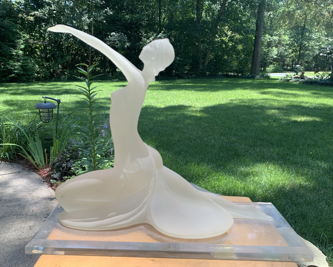 Vintage Crystallus 1989 Frosted Lucite Woman Sculpture on Clear Beveled Base 12″